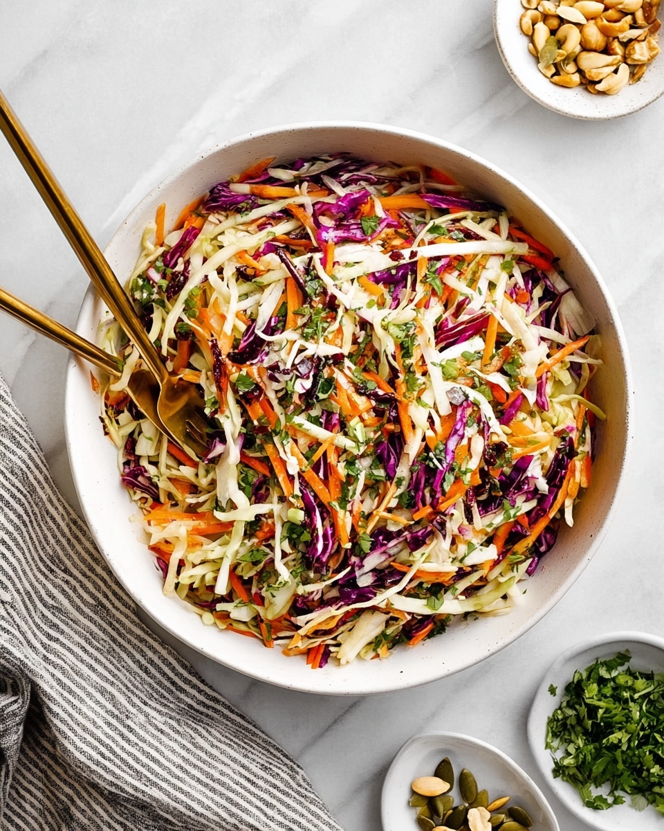 The image shows a white bowl filled with a colorful salad made of thin strips of white cabbage, purple cabbage, and orange carrots mixed with chopped green herbs all over. The bowl sits on a white marbled surface, with two gold forks placed inside the salad on the left side. Around the bowl, there are small white bowls with chopped nuts and pumpkin seeds on the right side, and a green herb garnish at the top right. A striped cloth is partially visible under the bowl on the left side photo taken with an iphone --ar 4:5 --v 7