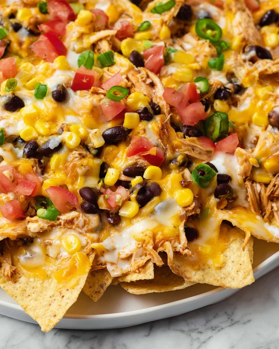 A white plate filled with many layers of nachos. The bottom layer shows crispy, light yellow chips. On top, scattered black beans and bright yellow corn kernels add spots of color. Melted light yellow and white cheese covers parts of the chips. Fresh diced red tomatoes and small green pieces of jalapeño are spread over the dish. Shredded reddish chicken is mixed among the layers, all placed on a white marbled surface. photo taken with an iphone --ar 4:5 --v 7