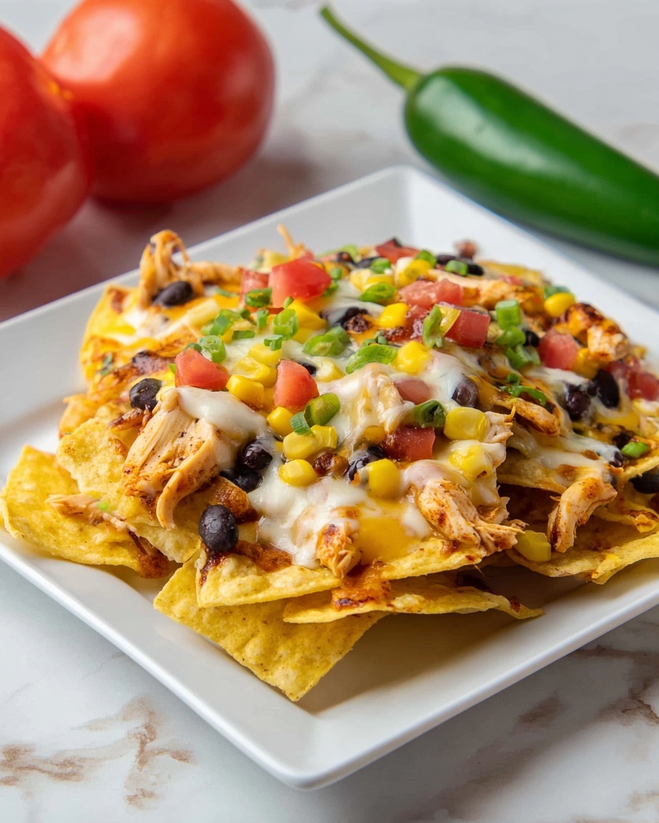 A close-up view of a nachos dish layered on white tortilla chips at the bottom. On top of the chips, there are layers of melted yellow and white cheese stretching as a woman's hand lifts a chip. Scattered over the cheese are black beans, yellow corn, green bell peppers, and small pieces of red tomatoes. The white marbled surface is visible in the background. photo taken with an iphone --ar 4:5 --v 7