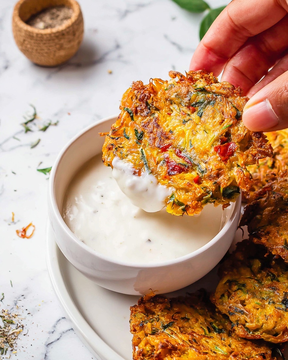 Crispy Vegetable Fritters with Garlic Dipping Sauce Recipe 5 A woman's hand is holding a crispy, golden-brown vegetable fritter filled with visible green and red pieces, dipping it into a small white bowl filled with thick white sauce. The fritter has an irregular round shape with a textured, crunchy surface showing small bits of vegetables and herbs. The white bowl sits on a white plate, which holds a few more fritters with similar colors and textures. The background is a white marbled texture with some scattered herbs and seasoning near the plate, adding natural detail. Photo taken with an iphone --ar 4:5 --v 7