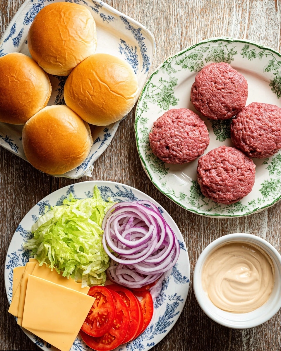 The image shows four soft golden hamburger buns with smooth tops on a wooden surface. Next to the buns is a white plate with a green floral pattern, holding five round raw beef patties. Below this plate, there is another white plate with a blue floral pattern filled with four layers of pale yellow cheese slices in the bottom left corner, thin green shredded lettuce in the middle right, thin slices of purple onion arranged in rings to the top left, and bright red tomato slices at the bottom left. On the right side of the image, there is a small white bowl full of a light beige creamy sauce. The whole setup is arranged on a wooden textured surface now imagined as a white marbled texture photo taken with an iphone --ar 4:5 --v 7