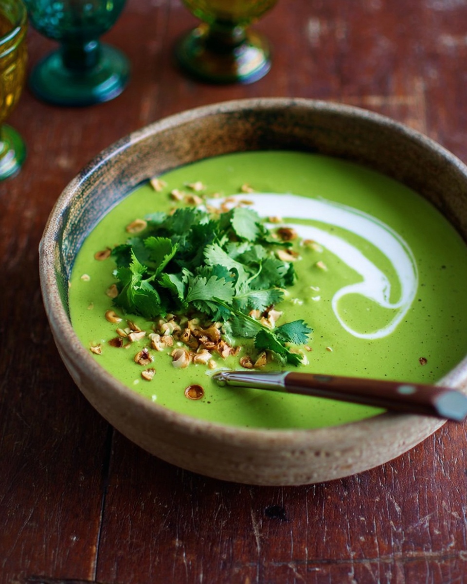 A shallow rustic bowl holds smooth, bright green soup filling most of the bowl's space with a creamy texture. On the right side of the bowl, there is a swirl of white cream partially mixed with the soup. Over the cream and slightly to the center, a fresh cluster of leafy green cilantro sits, topped with small crunchy light brown seeds or nuts. A silver spoon with a wooden handle rests inside the bowl on the left, touching the soup surface. The bowl sits on a dark wooden surface with colorful glass cups blurred in the background. photo taken with an iphone --ar 4:5 --v 7