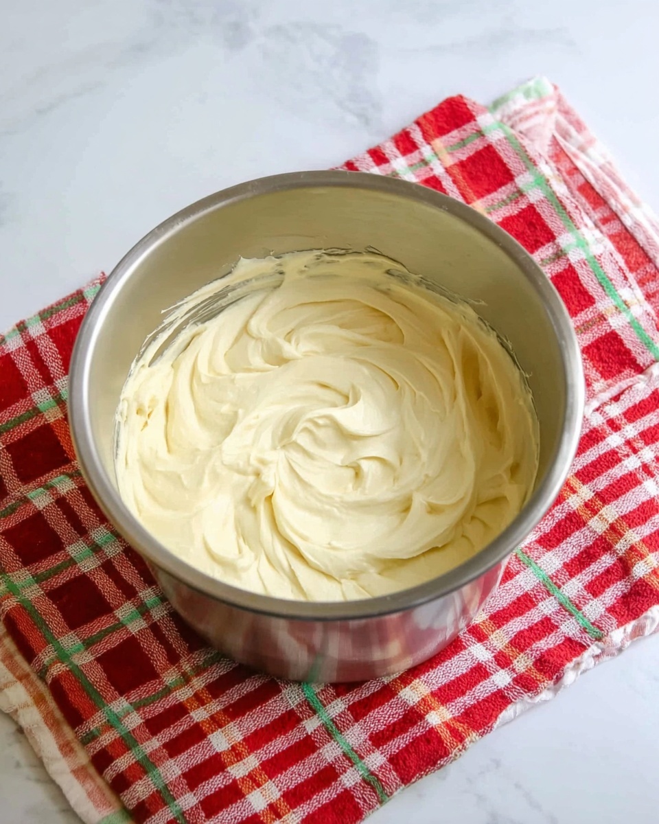 A large silver metal bowl filled with smooth, thick, creamy batter that is light yellow in color. The batter has soft swirls and a few peaks showing its fluffy texture. The bowl is placed on a red and white checkered cloth with some green lines, lying flat on a white marbled surface. photo taken with an iphone --ar 4:5 --v 7