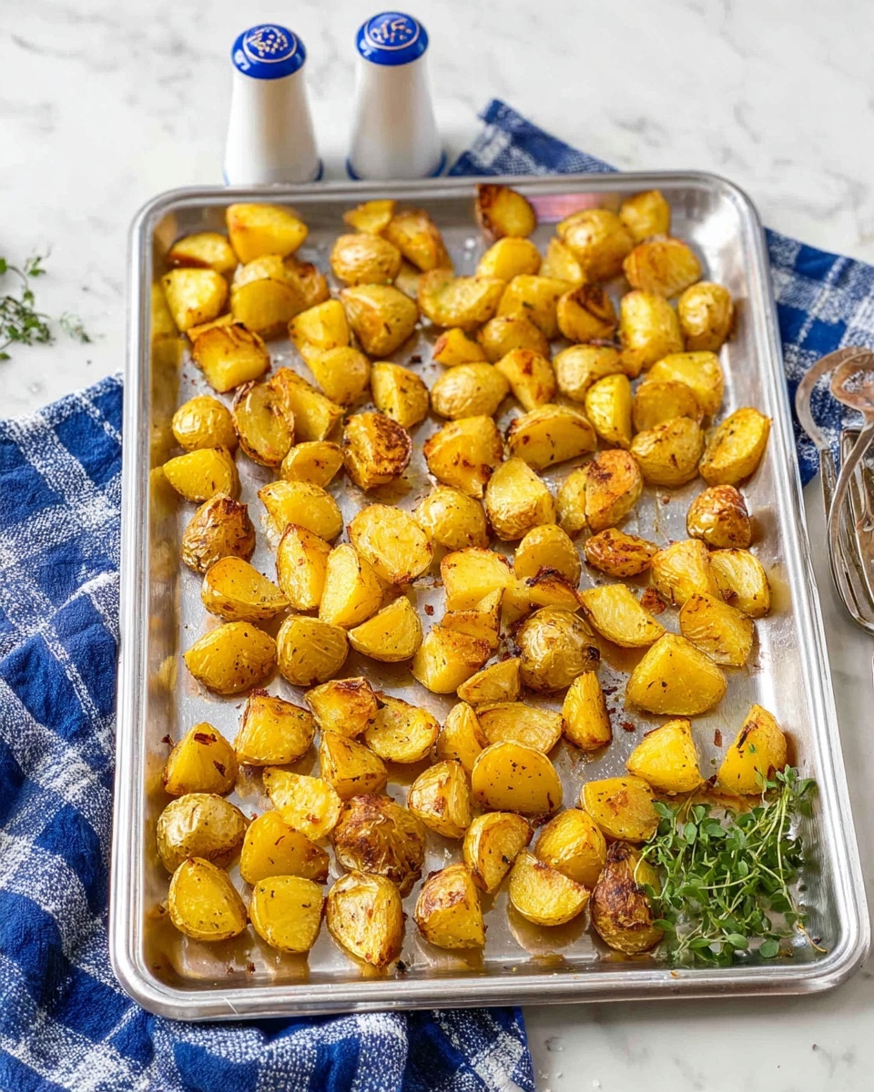 A silver tray filled with many small, uneven yellow and light brown roasted potato pieces scattered across it, some showing a slightly crispy texture with darker browned edges. The tray rests on a white marbled surface with a blue and white checkered cloth folded nearby. Two small white salt and pepper shakers with blue decoration sit above the tray. Fresh green herbs peek from the bottom edge of the image. Photo taken with an iphone --ar 4:5 --v 7