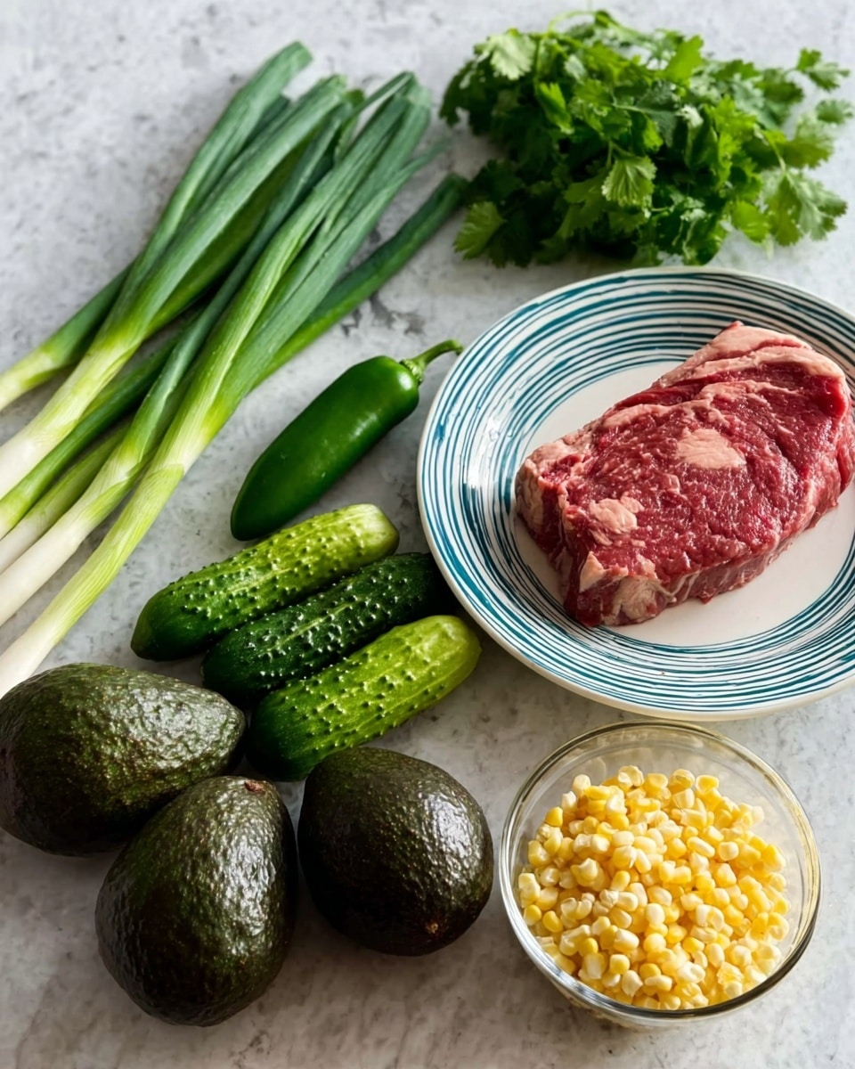 The image shows fresh ingredients laid out on a white marbled surface. On the left are several green onions with long, thin green stalks and white bulbs. Next to them is a small green chili pepper, followed by three small green cucumbers with bumpy skin. Beside the cucumbers are two whole dark green avocados with rough skin. To the right, there is a white plate with blue stripes holding a raw steak that is red with white marbling. In front of the steak is a clear glass measuring cup filled with yellow corn kernels. Some fresh green cilantro with many small leaves is placed above the cucumbers. photo taken with an iphone --ar 4:5 --v 7