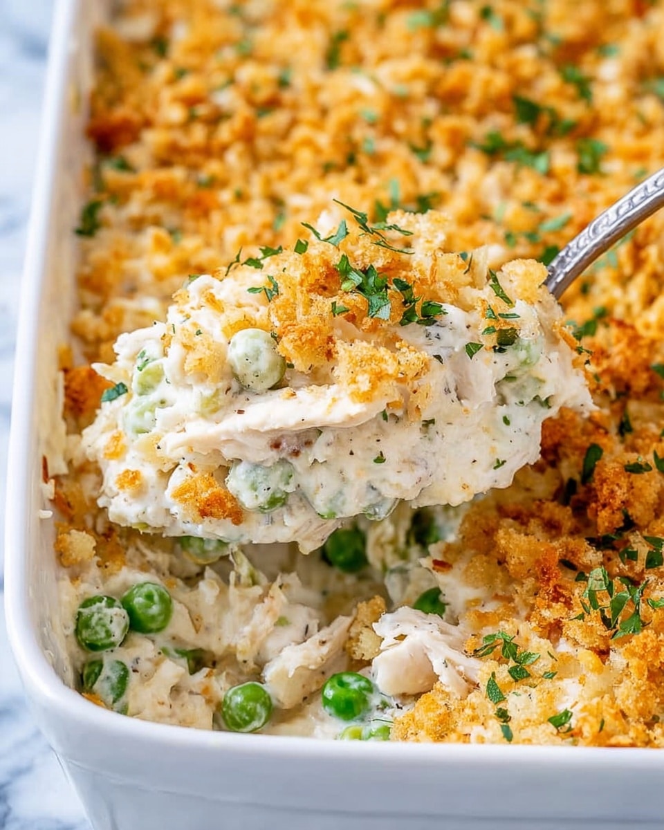 The image shows a white baking dish filled with a layered casserole. The bottom layer is creamy and white, mixed with chunks of white meat and green peas scattered throughout. On top of this is a thick golden-brown crunchy layer made up of crushed crackers or crumbs, sprinkled lightly with small bits of green herbs. A white spoon is lifting a portion from the dish, showing the soft, moist filling underneath the crunchy topping. The dish is placed on a white marbled textured surface. photo taken with an iphone --ar 4:5 --v 7