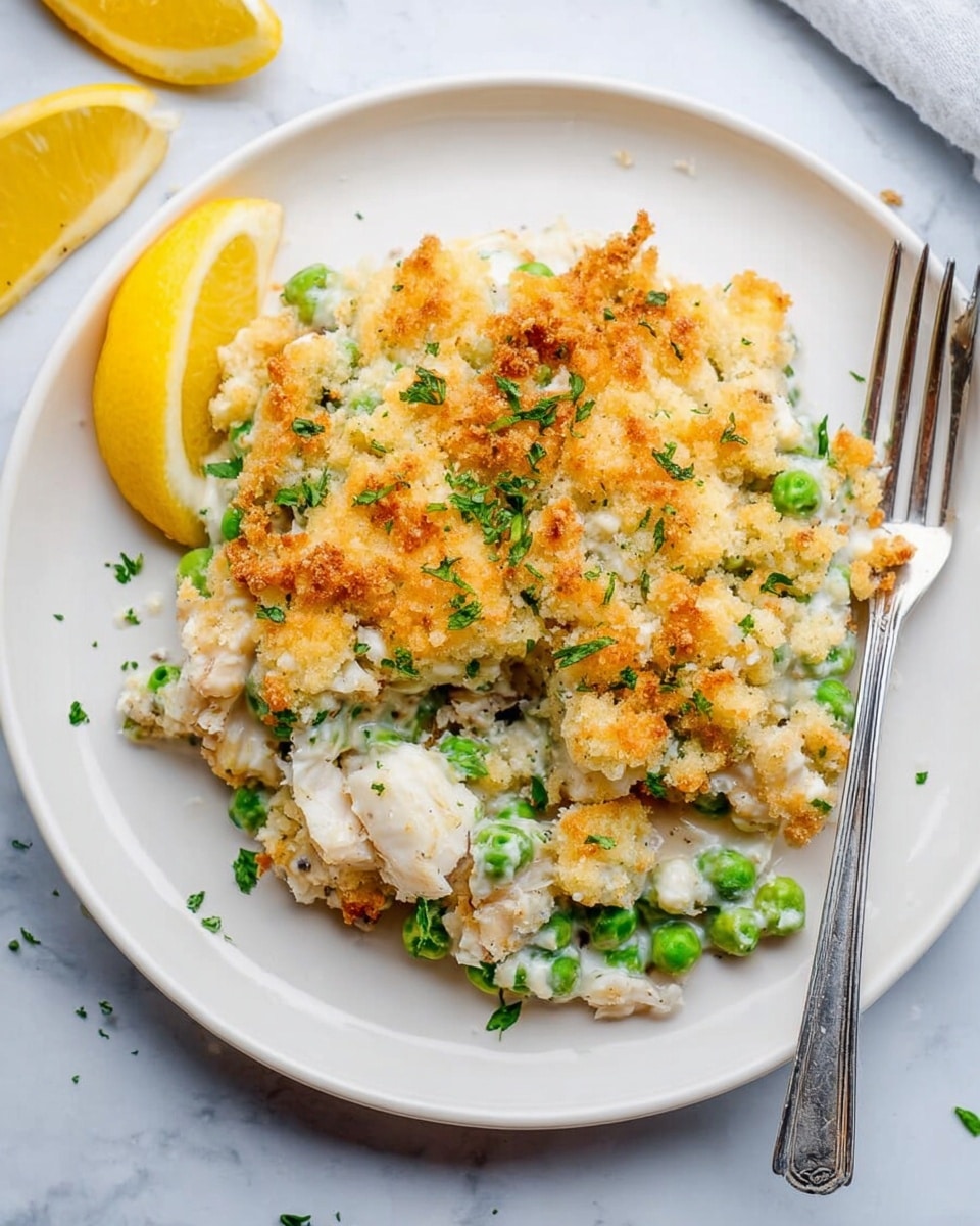 A white round plate sits on a white marbled surface, holding a creamy, mixed dish with three main layers visible. The bottom layer is a creamy white sauce with small green peas scattered throughout. The middle layer shows soft white chunks that look like cooked fish or chicken mixed with the sauce and peas. The top layer is a golden-brown crispy crumb topping, uneven and crunchy, with sprinkled green herbs adding color. On the left side of the plate, there are two lemon wedges providing a bright yellow contrast. A silver fork rests on the right side of the plate. The photo was taken with an iphone --ar 4:5 --v 7