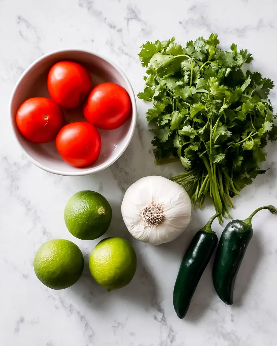 The image shows six fresh ingredients arranged neatly on a white marbled surface. Starting from the top left, there is a white bowl filled with five bright red tomatoes with smooth skins. To the right of the bowl, a bunch of fresh green cilantro with leafy stems sits loosely. Below the bowl, two whole green limes with a slightly rough texture are placed close together. Near the limes is a bulb of white garlic with a papery outer layer. A whole white onion with a slightly smooth, firm skin is positioned above the garlic. Finally, two long, dark green chili peppers lie side by side on the right. The colors range from vibrant reds and greens to neutral white, all contrasting clearly against the white marbled surface photo taken with an iphone --ar 4:5 --v 7