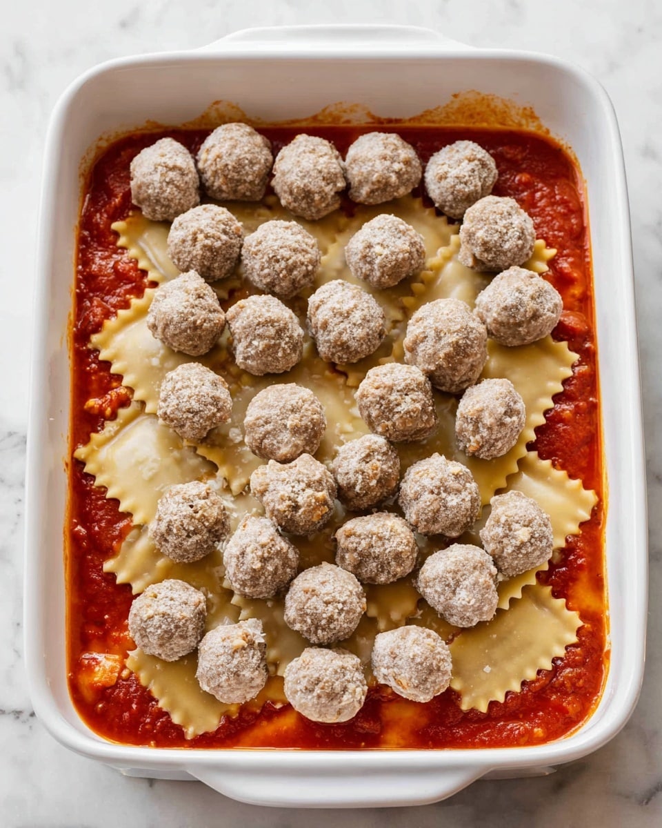 The image shows a white baking dish on a white marbled surface filled with an uncooked layered meal. The bottom layer is a red tomato sauce spread evenly in the dish. On top of the sauce, there is a layer of flat, uncooked lasagna noodles with ruffled edges, arranged side by side. The top layer consists of many small, round, uncooked meatballs placed closely across the noodles and sauce. The meatballs have a dry, raw texture with some light coating on the surface. photo taken with an iphone --ar 4:5 --v 7