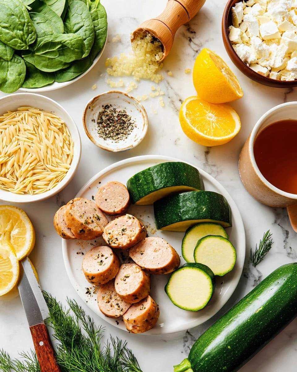 The image shows a white plate with sliced pieces of light brown sausage with black pepper, and a knife with a wooden handle resting on the plate. Next to the sausages, a whole dark green zucchini lies beside several cut zucchini slices showing the light green inside. A small scalloped bowl of minced garlic sits near two lemon halves, one cut and held by a wooden juicer. Bright green dill sprigs lie beside the plate. Around the plate are bowls and cups with ingredients like raw orzo pasta in a white bowl, fresh spinach leaves, crumbled white cheese in a brown bowl, and a cup filled with broth or tea. The background is a white marbled surface photo taken with an iphone --ar 4:5 --v 7