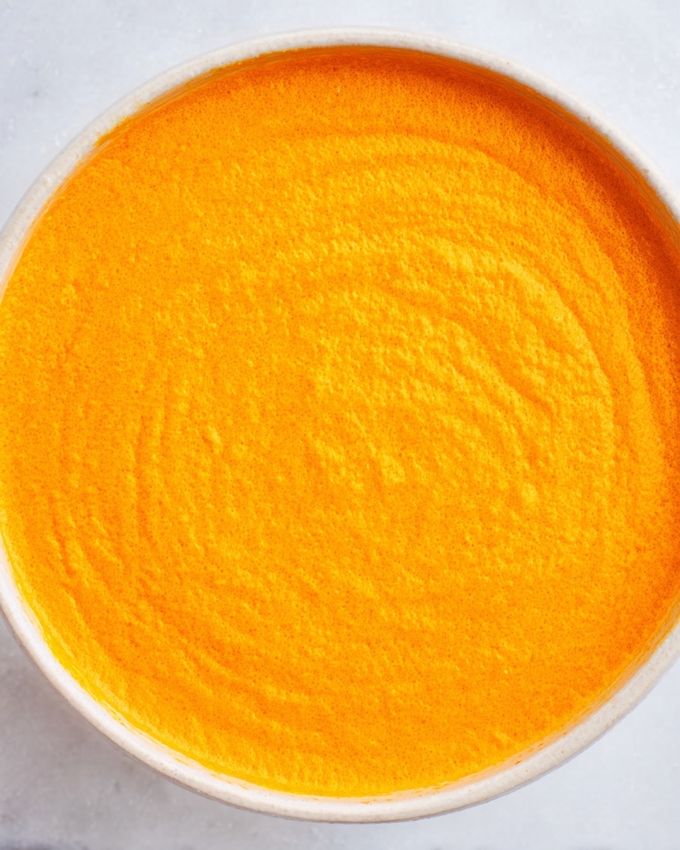 A close-up view of a thick, smooth, bright orange puree spread evenly in a round white bowl, showing a slightly coarse and creamy texture on top. The surface appears matte with small, gentle ridges and a few tiny bubbles, suggesting a soft and well-blended mixture. The bowl sits on a white marbled surface, enhancing the vivid orange color by contrast. Photo taken with an iphone --ar 4:5 --v 7