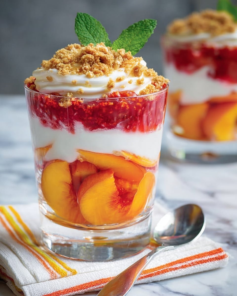 The image shows a dessert in a clear glass cup with four layers. The bottom layer is made of orange peach slices with smooth, shiny texture. Above the peaches is a thick, white creamy layer with soft swirls. On top of the cream is a red fruit layer, likely berries or a berry sauce, with a slightly rough texture. The top layer is crumbly and brown, like crushed nuts or cookies, with two fresh green mint leaves as decoration. The glass cup is on a white marbled surface with another similar dessert blurred in the background. A silver spoon rests beside a white napkin with yellow and orange stripes. Photo taken with an iphone --ar 4:5 --v 7