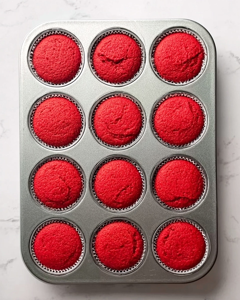 The image shows a metal muffin tray with twelve evenly spaced round compartments filled with red cupcake batter. Each cupcake top has a slightly cracked surface with a soft, textured look, showing a vivid, bright red color. The tray is resting on a white marbled surface, creating a clean and bright setting. The batter appears smooth in the parts not cracked, and all cupcakes are uniformly filled, sitting slightly below the rim of each compartment. photo taken with an iphone --ar 4:5 --v 7