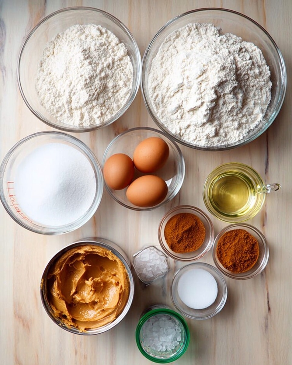 The image shows several clear glass bowls and a glass measuring cup arranged on a light wood surface. There is one large bowl filled with white powder, likely flour, and another large bowl with white granulated sugar. A smaller bowl holds four brown eggs. Another small bowl contains a white powder, possibly baking soda, while two even smaller bowls have brown powders, one darker and one lighter, likely spices. In the center, an open metal can reveals a light brown creamy substance, probably peanut butter. A small glass bowl has a white crystal-like substance, possibly salt. The clear measuring cup contains a light yellow liquid, probably oil, and a glass is partially filled with water. The background is a white marbled texture. Photo taken with an iphone --ar 4:5 --v 7