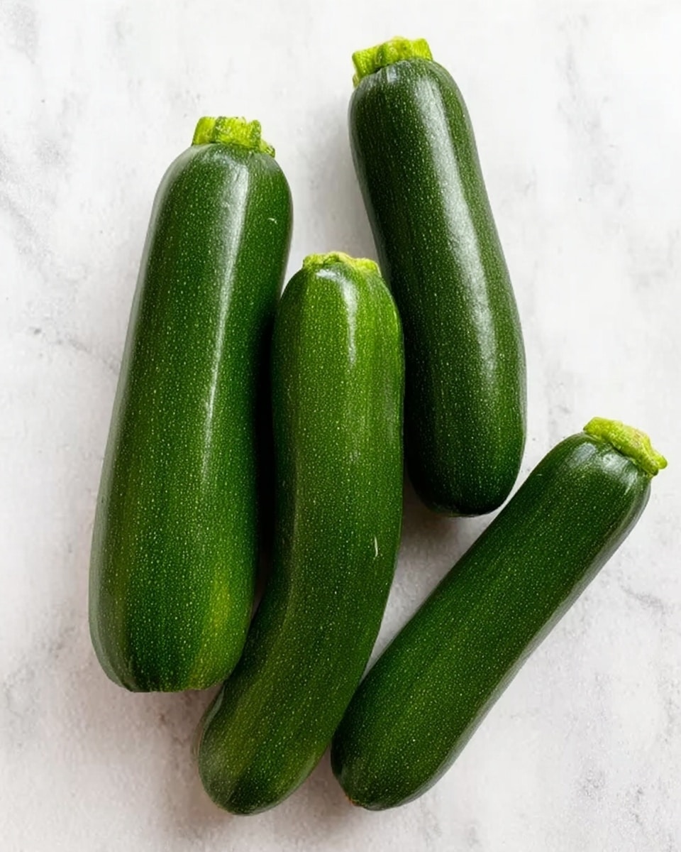 Four green zucchinis are placed close together on a white marbled surface. Each zucchini has a smooth, shiny skin with a slightly darker green top where the stem is attached. The zucchinis are aligned in a neat group with two slightly taller ones positioned behind two shorter ones, showing a natural size difference among them. The overall look is fresh and simple. photo taken with an iphone --ar 4:5 --v 7