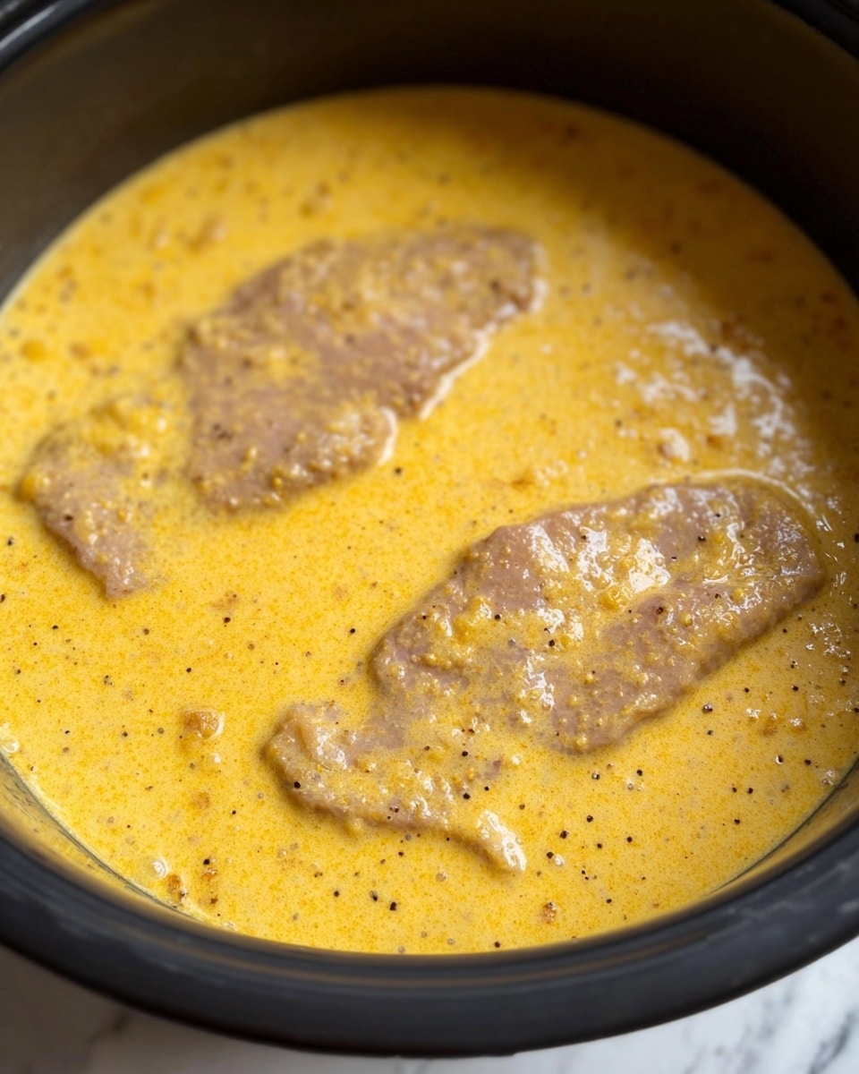 A close-up view inside a black pot shows two raw pieces of light beige meat partly covered by a thick yellow sauce with small bits of solid texture and some black specks scattered on top, all resting on a white marbled surface. The sauce surrounds the meat pieces fully, creating a smooth and creamy layer with a slightly grainy texture. The edges of the pot frame the scene, adding dark contrast to the bright yellow sauce and pale meat, photo taken with an iphone --ar 4:5 --v 7