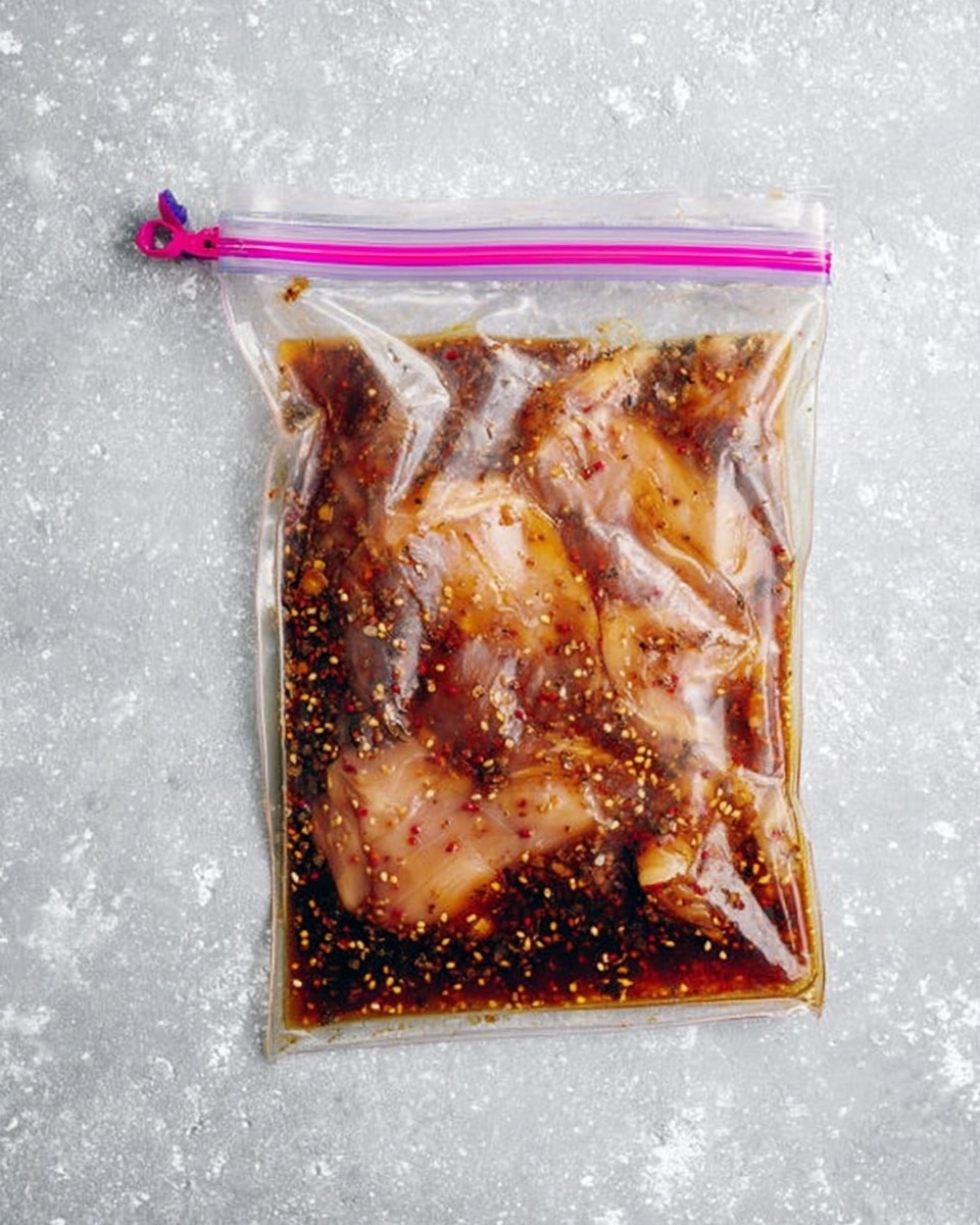 A clear plastic ziplock bag with a pink and purple zipper is filled with several pieces of raw chicken submerged in a dark brown marinade. The marinade has visible seeds and spices floating around, with a glossy texture that coats the meat. The bag lies flat on a light grey surface that has white speckles and a slightly rough texture. photo taken with an iphone --ar 4:5 --v 7