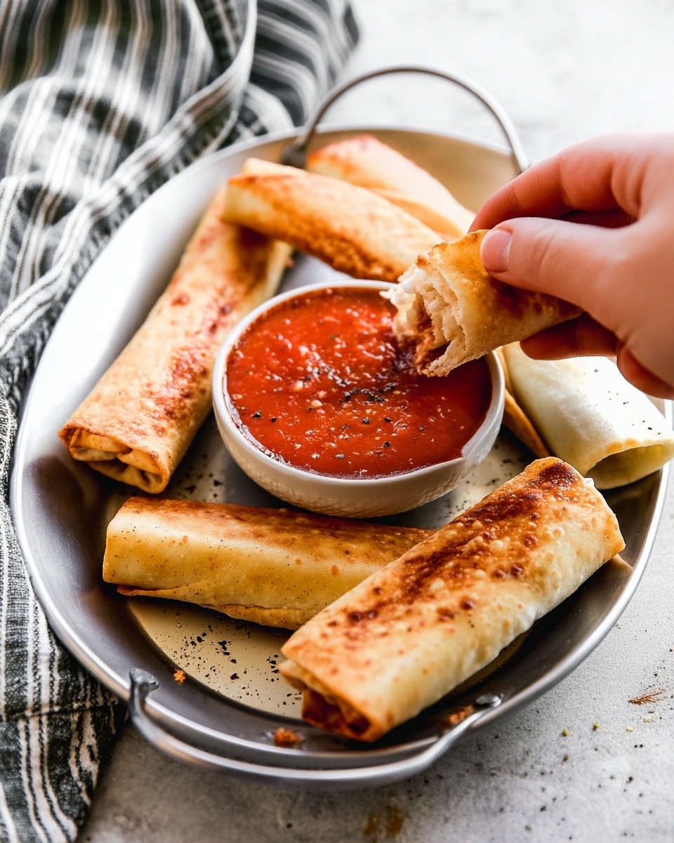 A silver tray holds six light golden rolled sticks with a slightly crispy texture, evenly browned on top, arranged around a small white bowl filled with thick red sauce that has a smooth surface dotted with some black pepper. One of the rolls is partially bitten, showing a soft interior. A woman's hand is dipping another roll into the sauce. The tray sits on a white marbled surface beside a striped cloth. photo taken with an iphone --ar 4:5 --v 7