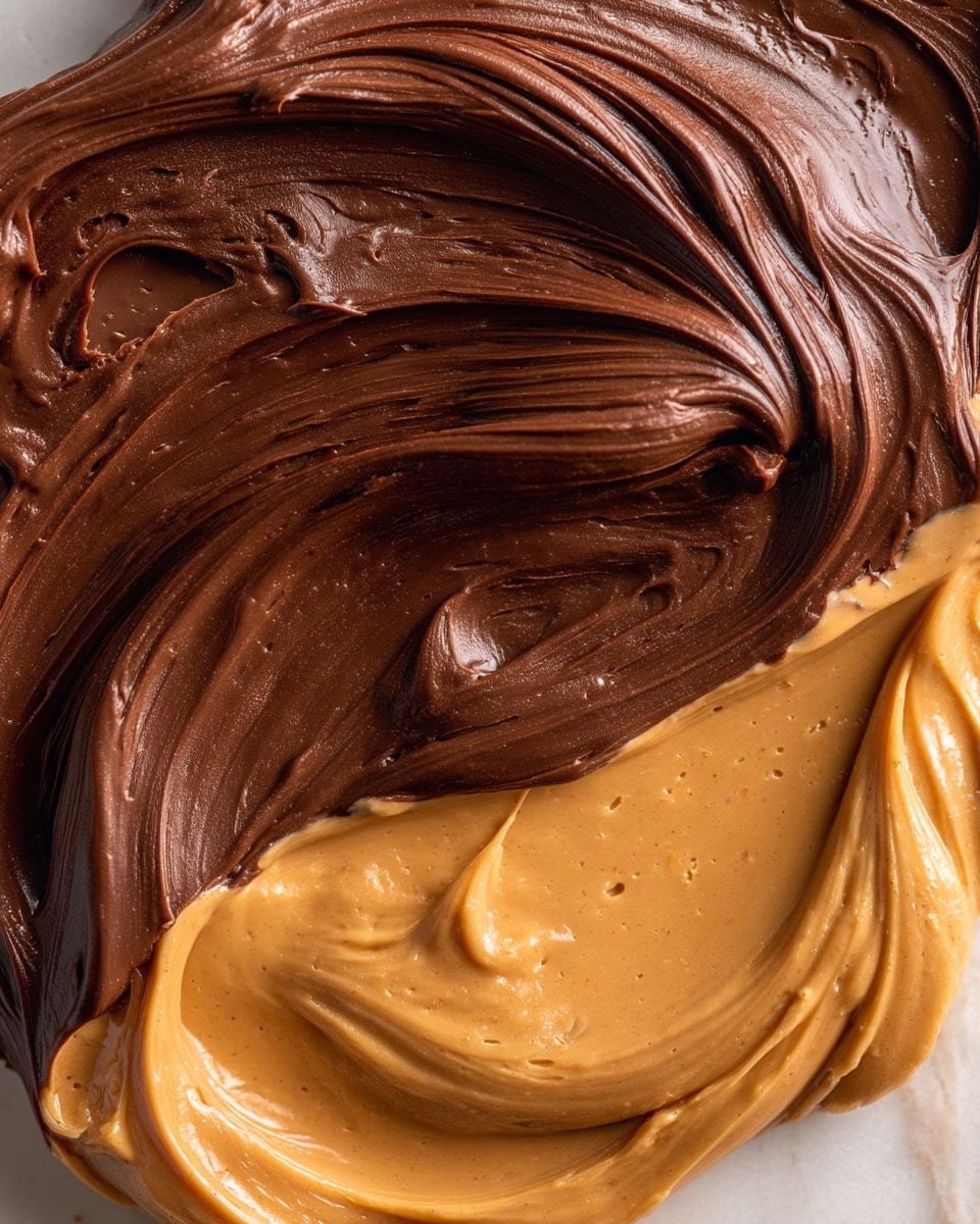 A close-up view of thick, rich dark brown chocolate spread unevenly swirled with creamy light brown peanut butter on a white marbled surface, showing smooth glossy textures in the chocolate and creamy smeared texture in the peanut butter, with the two layers blending softly at the edges, the light brown peanut butter creating a warm contrast to the deeper chocolate beneath, no container visible but the mix of these two layers gives a sense of a delicious creamy spread photo taken with an iphone --ar 4:5 --v 7