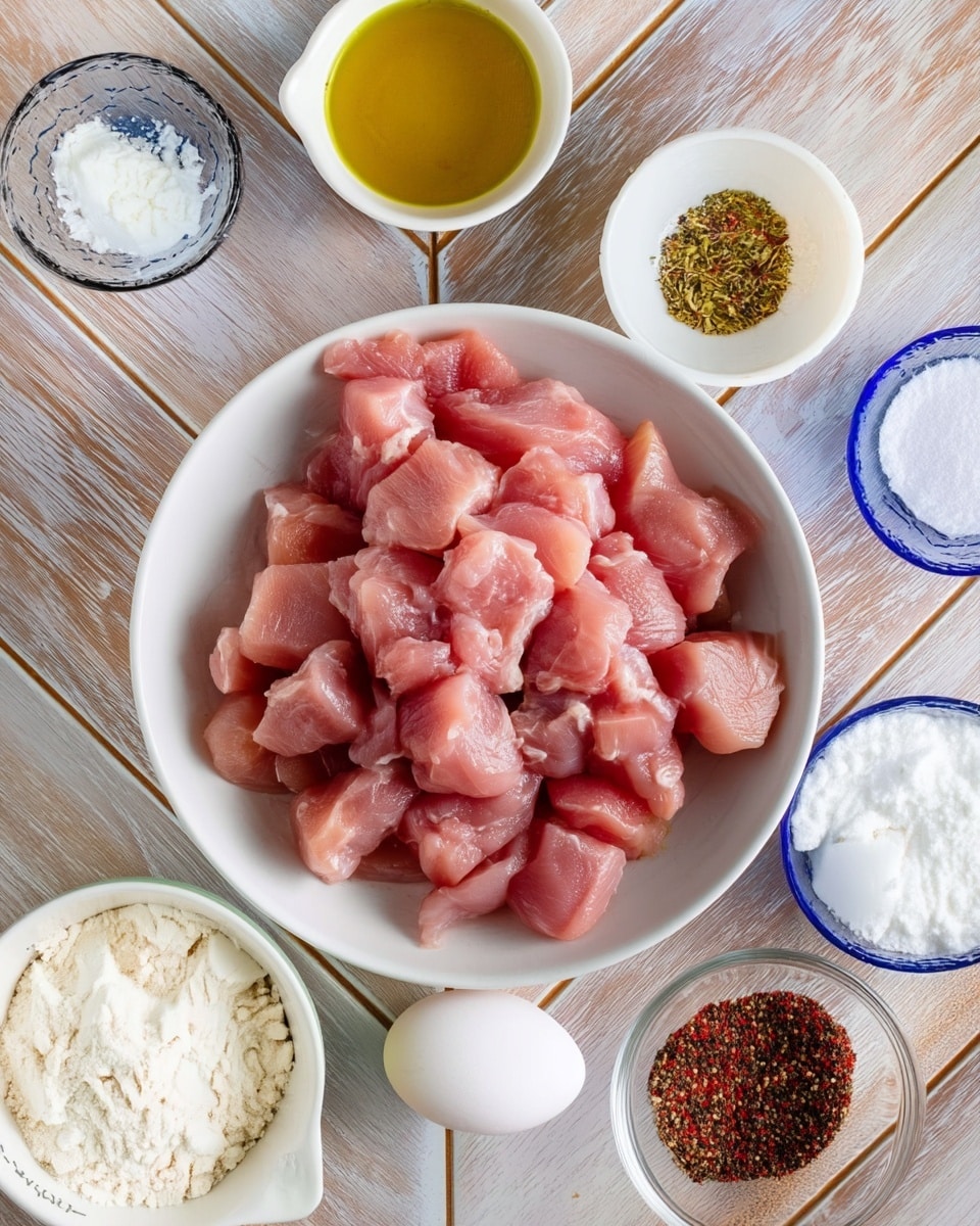 A white bowl in the middle holds many pieces of raw pink chicken, cut into bite-sized chunks. Around it, six small white bowls and glass bowls with different ingredients are placed on a light wooden surface with white marbled texture: a white bowl with light yellow flour at the bottom left, a single white egg below the chicken bowl, a glass bowl with white powder to the left, a glass bowl with white powder to the right, a white bowl with greenish oil above the chicken, and a white bowl with mixed black, green, and red spices at the top right. The colors and textures clearly show the raw chicken and dry and wet ingredients around it. Photo taken with an iphone --ar 4:5 --v 7