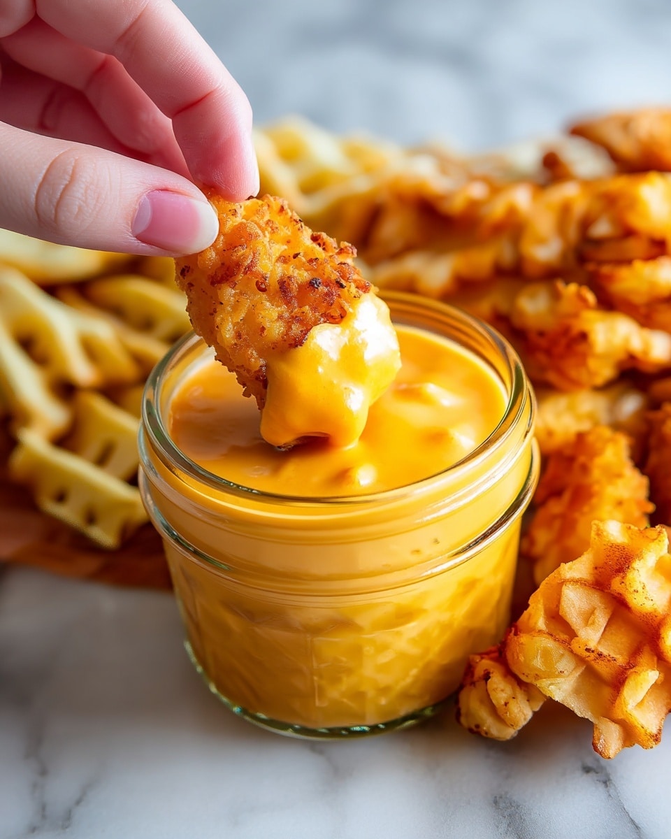 A close-up image of a woman's hand dipping a crispy, golden-brown nugget into a small clear glass jar filled with smooth, bright orange cheese sauce. Surrounding the jar are golden, waffle-cut fries and more crispy nuggets, all placed on a white marbled surface. The textures show the crunchy outside of the nugget and the creamy, thick cheese sauce inside the jar. The light captures the warmth and golden color of the food, making it look fresh and appetizing. photo taken with an iphone --ar 4:5 --v 7