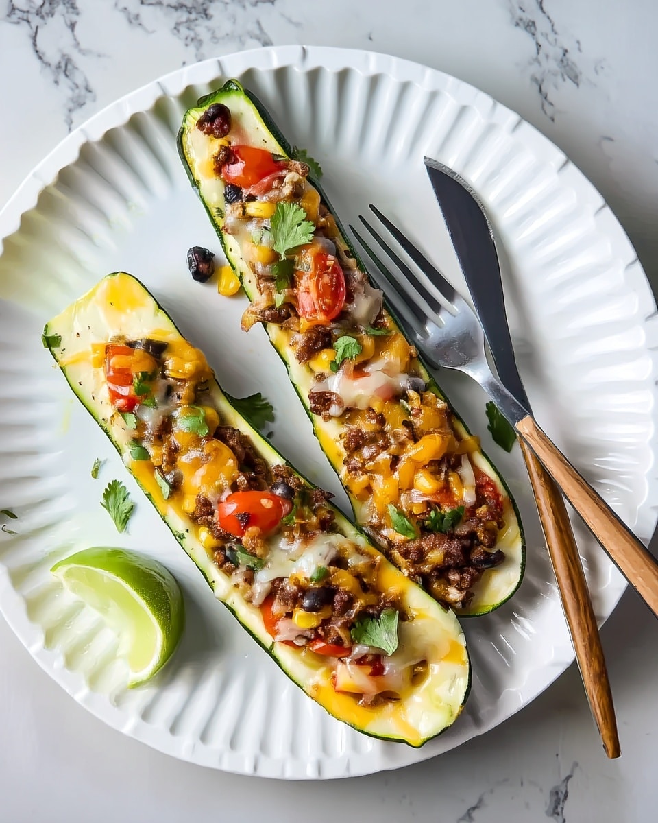 The image shows five zucchini halves lying side by side on a white marbled surface, each filled with a layered mix of ingredients. The base layer inside the zucchini is bright green with a slightly soft texture from being cooked. This is topped with a browned crumbly layer of ground meat mixed with black beans and scattered yellow corn kernels. There are melted patches of pale yellow and white cheese over the meat mixture, giving a slightly shiny and creamy look. Small red chunks of tomato and bits of fresh green herbs are sprinkled on top for a fresh touch and varied color. photo taken with an iphone --ar 4:5 --v 7