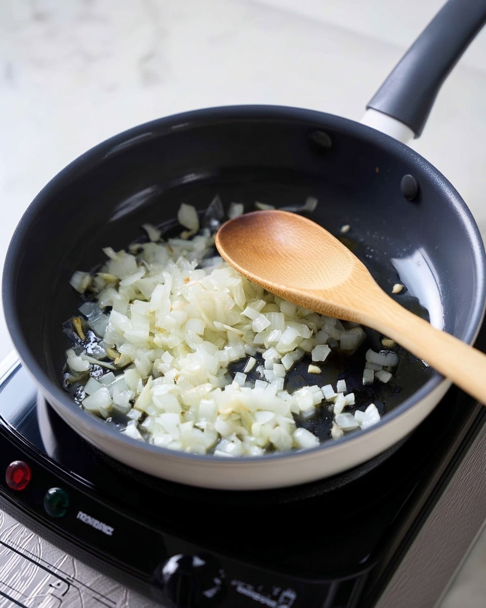 A white pan sits on a black electric stove with a few lightly cooked, translucent white onion pieces spread across its bottom layer. A wooden spoon rests diagonally inside the pan, with some onion bits sticking to it. The stove shows two small lit indicator lights, one red and one green, and the setting words are visible but blurred. The background and surface are white with a soft marbled texture. photo taken with an iphone --ar 4:5 --v 7