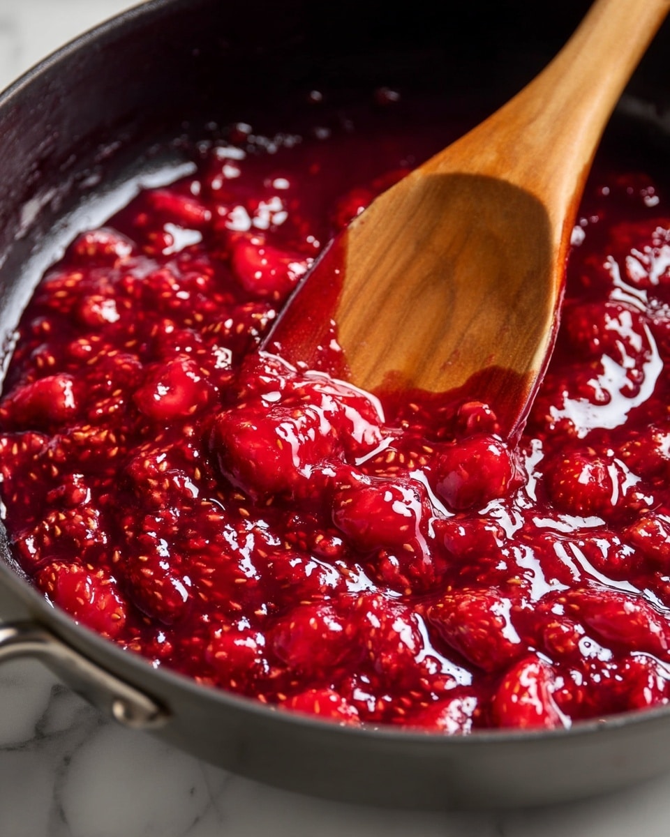 A close-up of a glossy red strawberry sauce with visible seeds and chunks of strawberries being stirred by a wooden spoon inside a black pan, showing a thick, sticky texture with some liquid around the edges, all set on a white marbled surface. photo taken with an iphone --ar 4:5 --v 7
