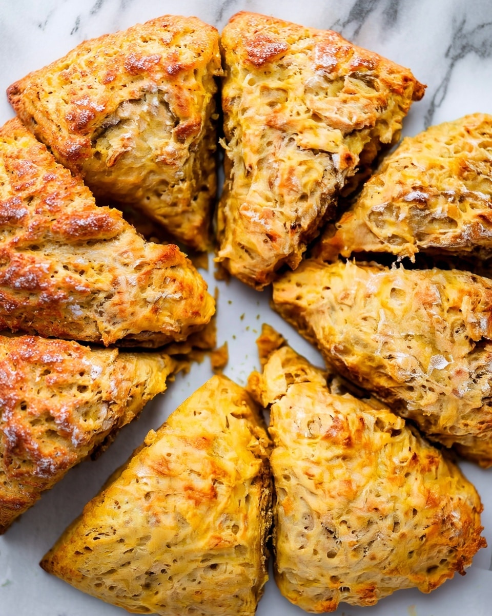 A close-up top view of eight golden-brown scones arranged in a circle on white parchment paper. Each scone has a rough, slightly crumbly texture with visible bits of what looks like cheese or herbs baked inside. The scones are triangle-shaped with rounded edges and small browned spots, showing a crispy outside. The background is a white marbled texture. photo taken with an iphone --ar 4:5 --v 7
