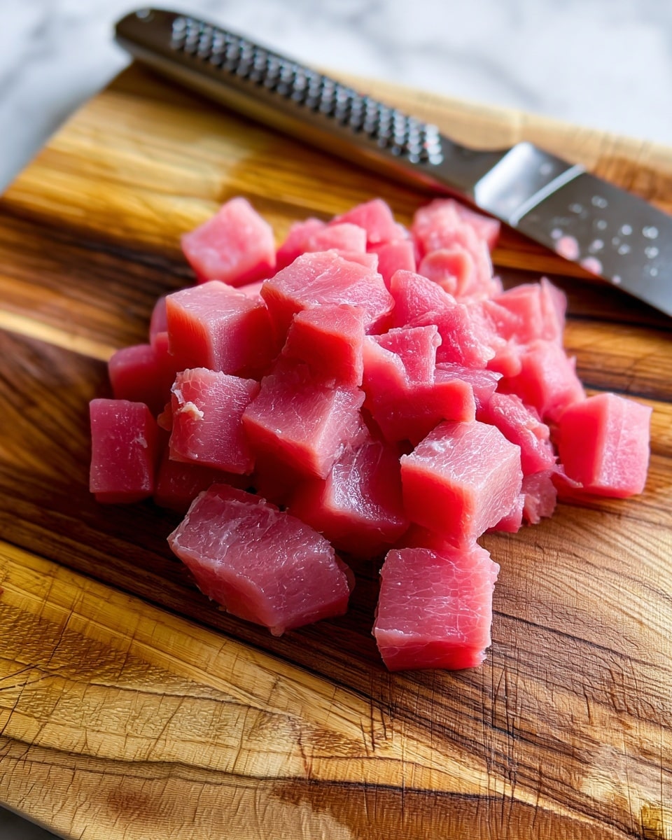 A close-up image shows small, evenly cut cubes of raw pink meat spread in a pile on a wooden cutting board with a natural wood grain texture. To the right side of the meat pile lies a shiny, silver knife with a dotted handle, some small pieces of meat stuck to the blade. The background beneath the cutting board features a white marbled surface, adding contrast to the warm tones of the board and meat. photo taken with an iphone --ar 4:5 --v 7