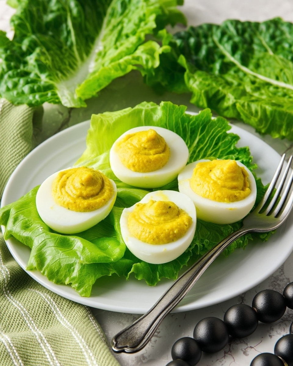 The image shows three halves of hard-boiled eggs on a bed of light green lettuce leaves, placed on a shiny white plate. Each egg half has a smooth, yellow filling on top with a slightly textured surface. A silver fork rests on the right side of the plate. In the background, more egg halves with yellow filling sit on a large leaf of green lettuce on a white marbled surface. A green cloth with white stripes is partially visible on the left side, and a string of large black beads is on the lower right corner. photo taken with an iphone --ar 4:5 --v 7