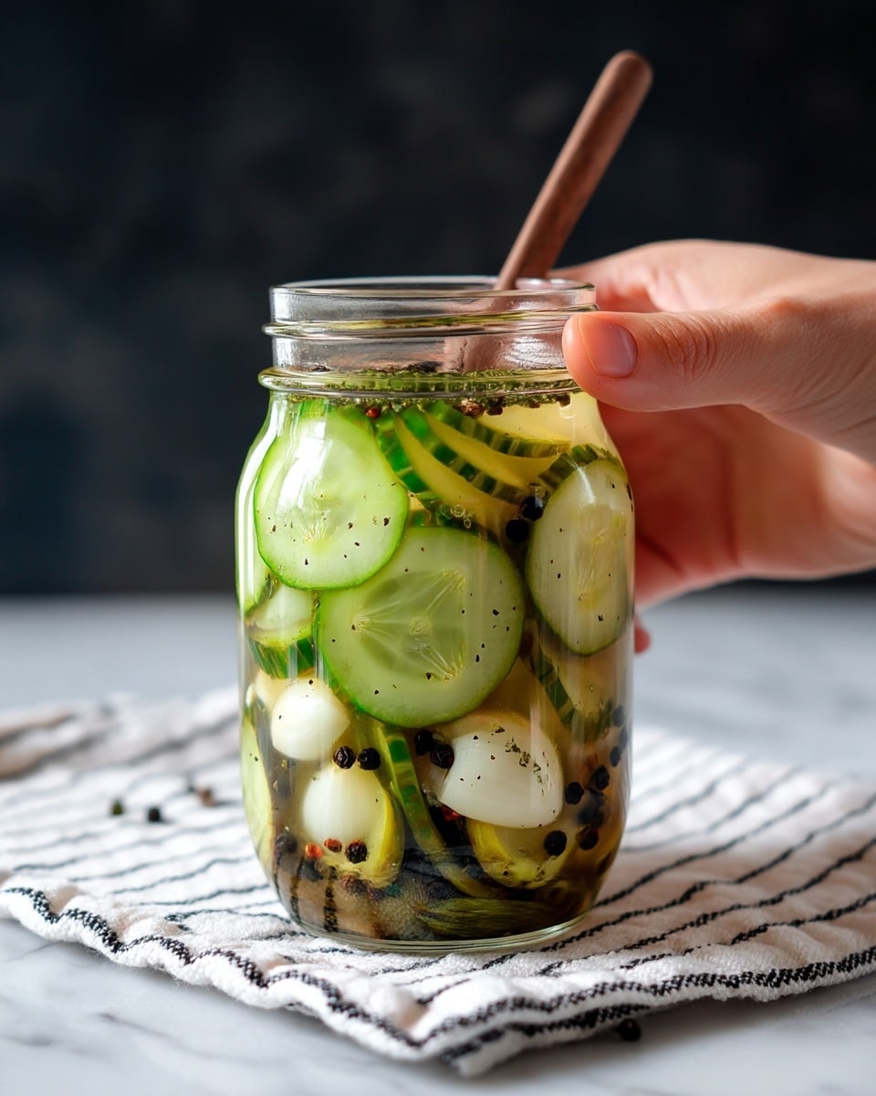 A clear glass jar filled with layered slices of light green cucumbers and large white peeled garlic cloves, mixed with small black peppercorns, all submerged in a slightly yellowish brine. The jar sits on a white cloth with black stripe patterns, placed on a white marbled surface. A woman's hand is lightly holding the jar from the top with a brown wooden stick resting across the jar’s opening. The background is dark and blurred, keeping the focus on the jar and its contents. photo taken with an iphone --ar 4:5 --v 7