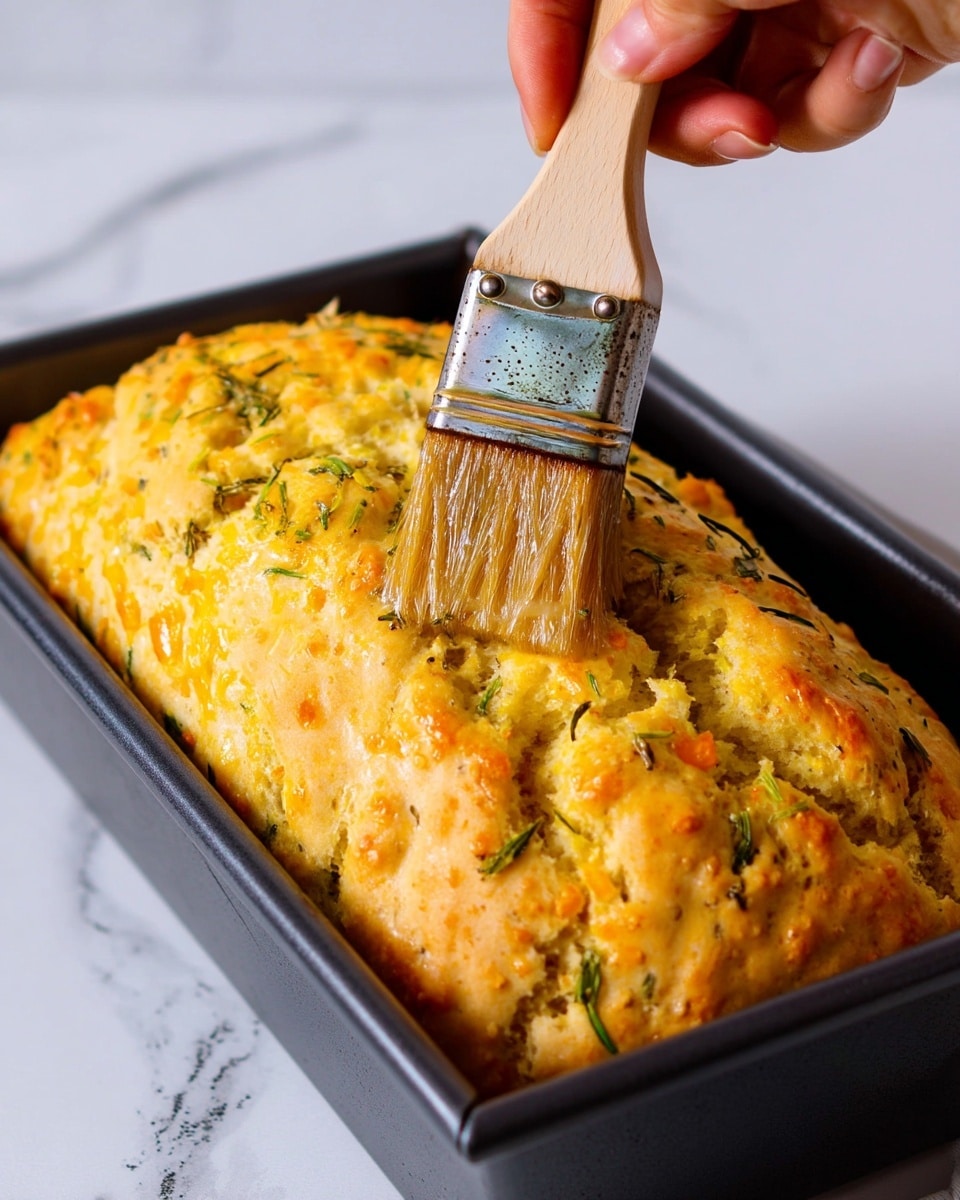 The image shows a close-up view of a golden-yellow bread loaf in a black baking pan. The loaf has a rough and slightly bumpy texture with visible small green and orange bits inside, suggesting herbs or vegetables. On top, a woman's hand holds a wooden brush with natural bristles that is spreading a shiny glaze over the soft crust. The background has a white marbled texture, making the loaf and brush the clear focus of the image. photo taken with an iphone --ar 4:5 --v 7