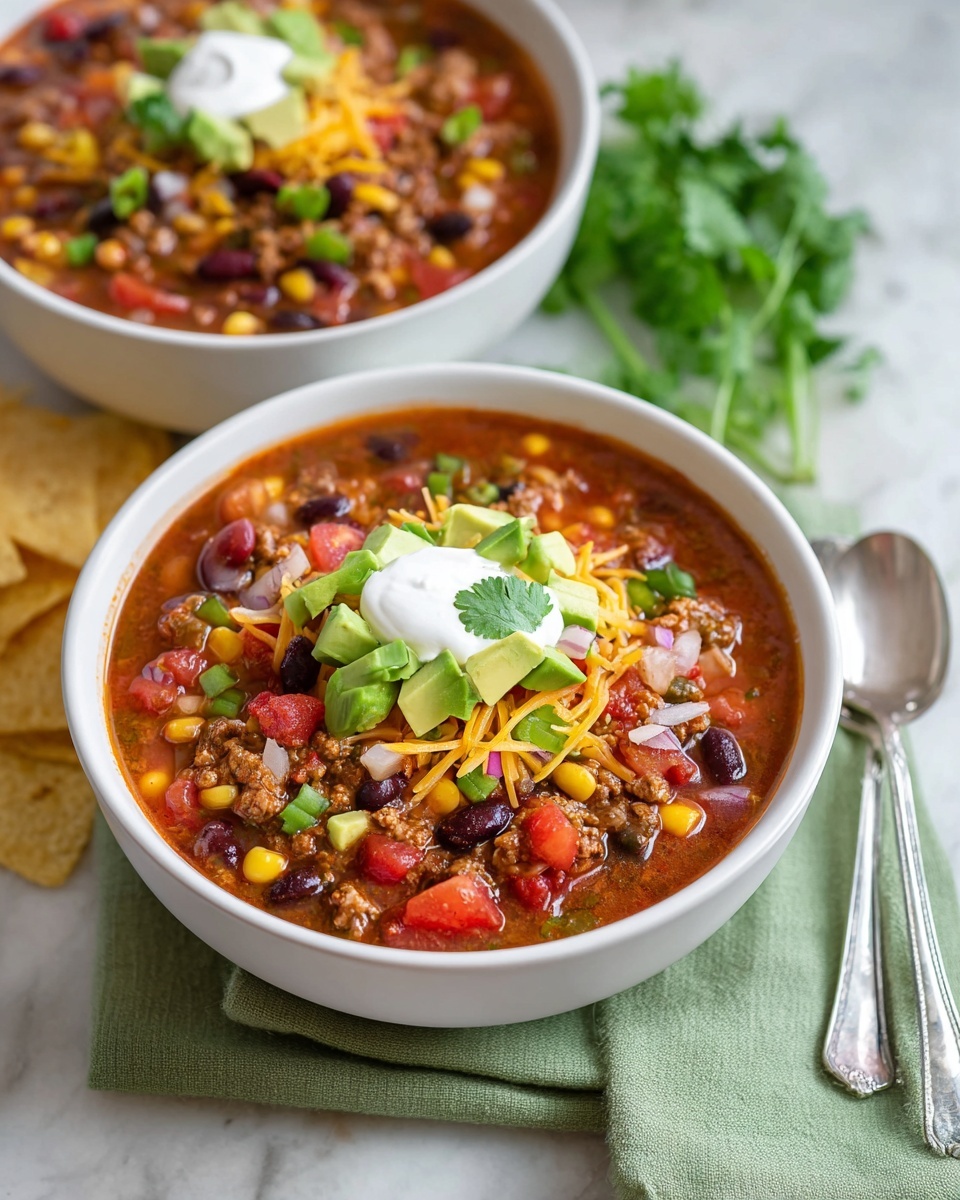 A white pot filled with chili showing three main layers: a dark red watery base with specks of oil, a layer of mixed beans (black, pinto), yellow corn, and ground meat scattered evenly, topped with diced red onions and fresh green cilantro leaves. The pot rests on a green cloth on a white marbled surface with a wooden spoon on the side and some light yellow tortilla chips in the background. photo taken with an iphone --ar 4:5 --v 7