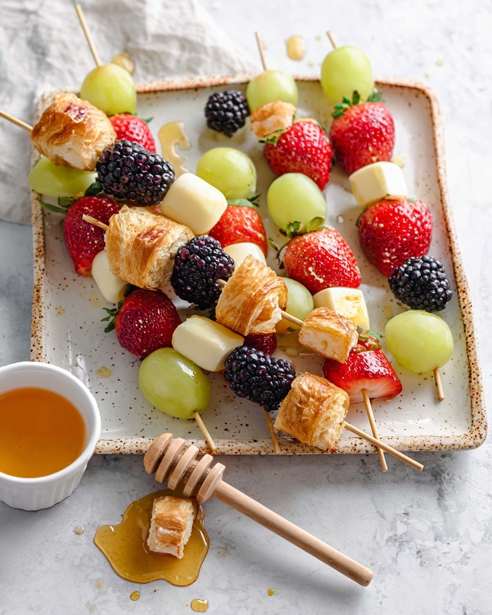 The image shows a white plate on a white marbled surface with several small skewers arranged around the plate's edge. Each skewer has four layers: a shiny black blackberry at the bottom, a pale yellow cube of cheese above it, a bright red strawberry with green leaves in the middle, and a golden brown, flaky piece of pastry at the top. Around the skewers, there are drops of light golden honey drizzled over the plate adding shine and texture. photo taken with an iphone --ar 4:5 --v 7