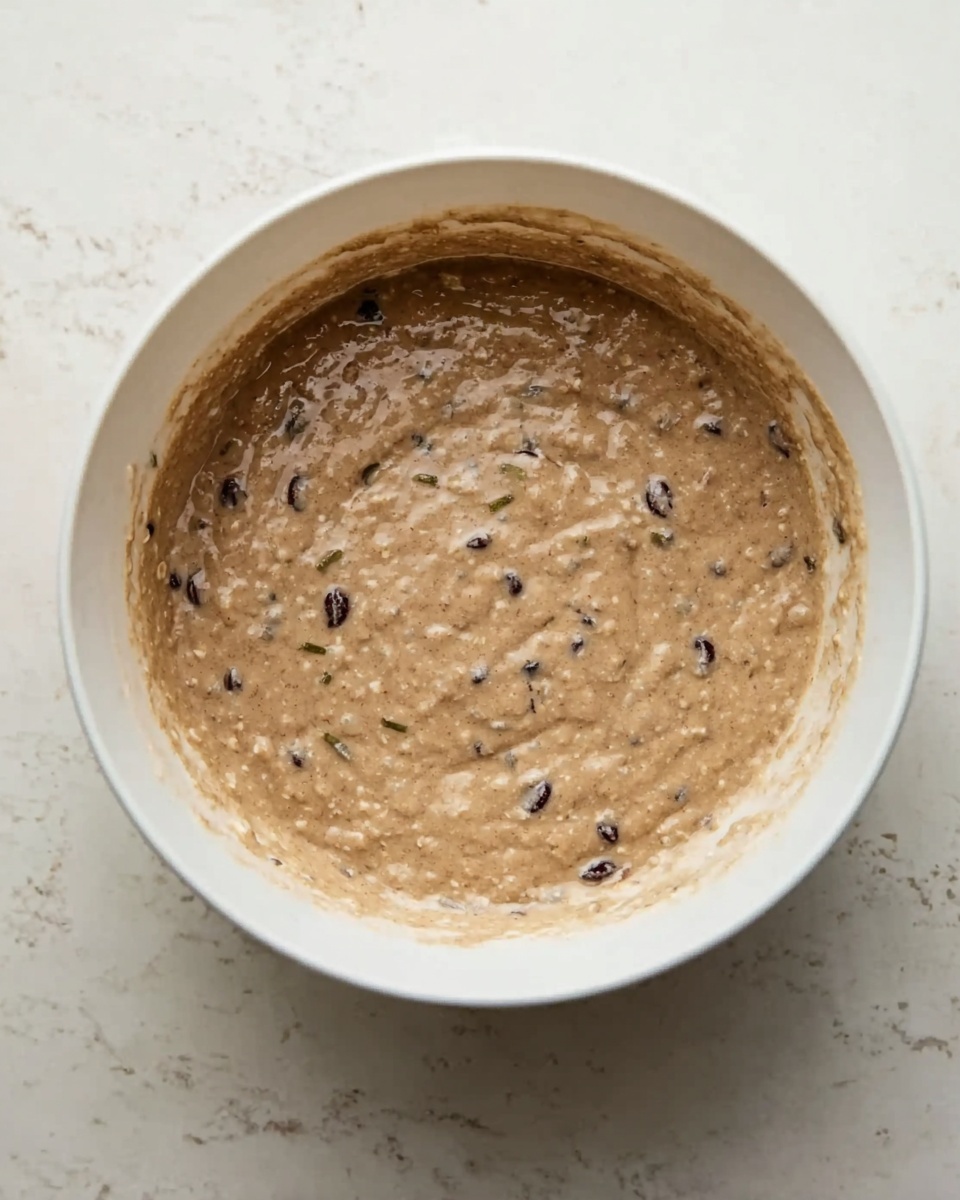 A white bowl with a thick, light brown batter inside, mixed with small dark spots that look like black beans or chocolate chips, and some thin green strips scattered throughout. The bowl is placed on a white marbled surface, and the batter has a smooth, slightly lumpy texture from the mix-ins. photo taken with an iphone --ar 4:5 --v 7