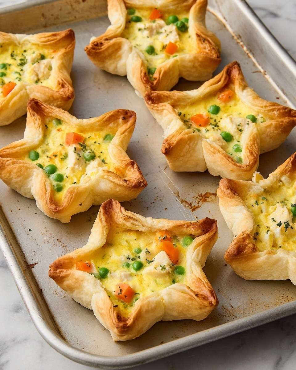 The image shows six star-shaped savory pastries placed on a metal baking tray. Each pastry has a golden-brown crust folded in points to form a star, with slightly puffed, flaky edges. Inside the crust, there is a creamy yellow filling dotted with green peas, small orange carrot cubes, and chunks of white chicken. The filling has a smooth texture and looks warm and soft. The baking tray rests on a white marbled surface. Photo taken with an iphone --ar 4:5 --v 7
