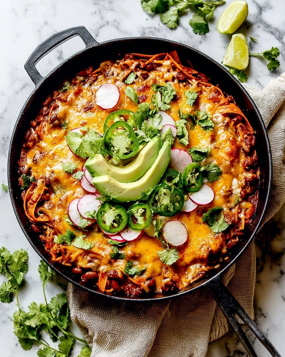 A round black skillet filled with a layered dish starting with soft red-tinted sauce mixed with beans and pasta beneath, topped by a thick layer of melted yellow and light brown cheese that covers the whole surface. On top, there are bright green slices of avocado, rings and slices of fresh green jalapeño, thin red and white radish slices, fresh green cilantro leaves, and lime wedges placed in the center. The skillet sits on a beige cloth on a white marbled surface with scattered cilantro leaves around. Photo taken with an iphone --ar 4:5 --v 7