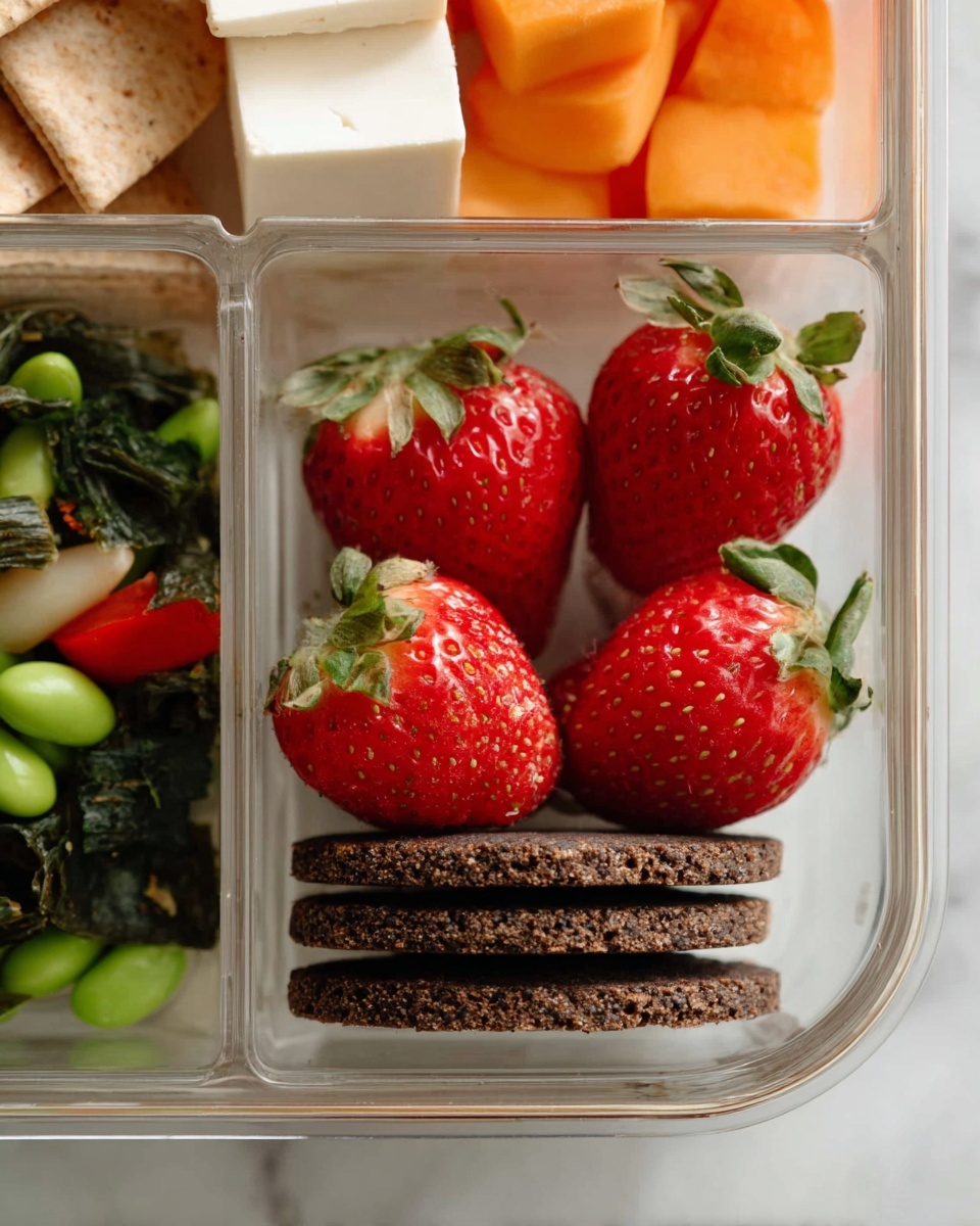 In a clear divided container on a white marbled surface, a section shows a stack of six square chocolate cookies with a rough texture at the bottom right. Above the cookies, there are three large red strawberries with green leafy tops, positioned close together, showing detailed seeds and a shiny surface. The container has additional sections visible on the left side with orange and white cheese slices, beige pita bread triangles, and a green edamame salad with pieces of red bell pepper and dark green seaweed. Photo taken with an iphone --ar 4:5 --v 7