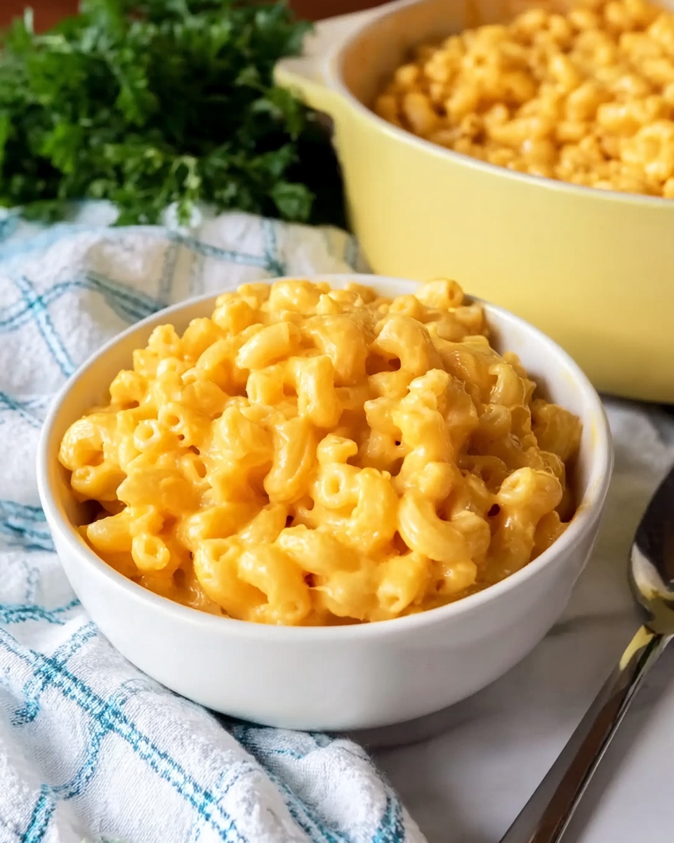 A close-up of a white bowl filled with creamy macaroni and cheese, showing soft, curved elbow macaroni covered evenly in a smooth, pale yellow cheese sauce. The bowl sits on a white marbled surface with a white and red striped cloth underneath, and a spoon is placed next to the bowl on the left side. The cheese sauce looks shiny and thick, coating each pasta piece well. Photo taken with an iphone --ar 4:5 --v 7