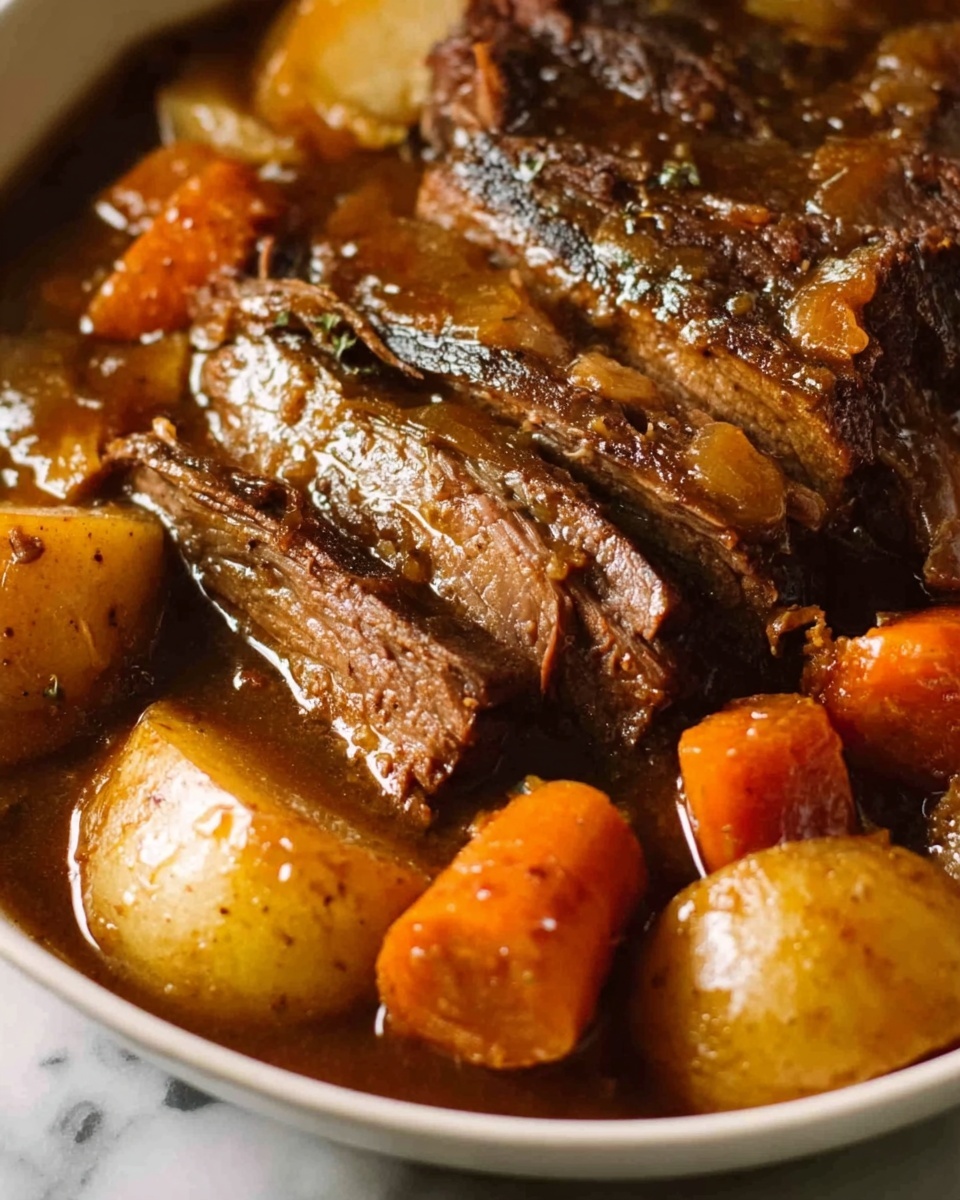 The image shows a close-up of a white bowl filled with thick slices of cooked meat that looks well-browned and tender, covered in a rich brown gravy. Around the meat, there are chunks of orange carrots and light yellow potatoes soaking in the same gravy. The dish rests on a white marbled surface, and the lighting highlights the glossy texture of the gravy and the softness of the cooked vegetables. Photo taken with an iphone --ar 4:5 --v 7