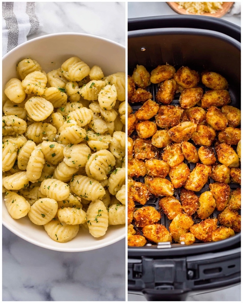 The image shows two side-by-side photos. On the left is a white bowl filled with cooked, pale yellow gnocchi sprinkled with small green herbs on a white marbled surface. The gnocchi pieces are plump, round, and have ridged edges. On the right, there is a black air fryer basket filled with golden-brown gnocchi that look crispy, with varied browning that adds texture and a slightly rough surface. Both dishes highlight the transformation of gnocchi from soft and tender to crispy and browned. photo taken with an iphone --ar 4:5 --v 7