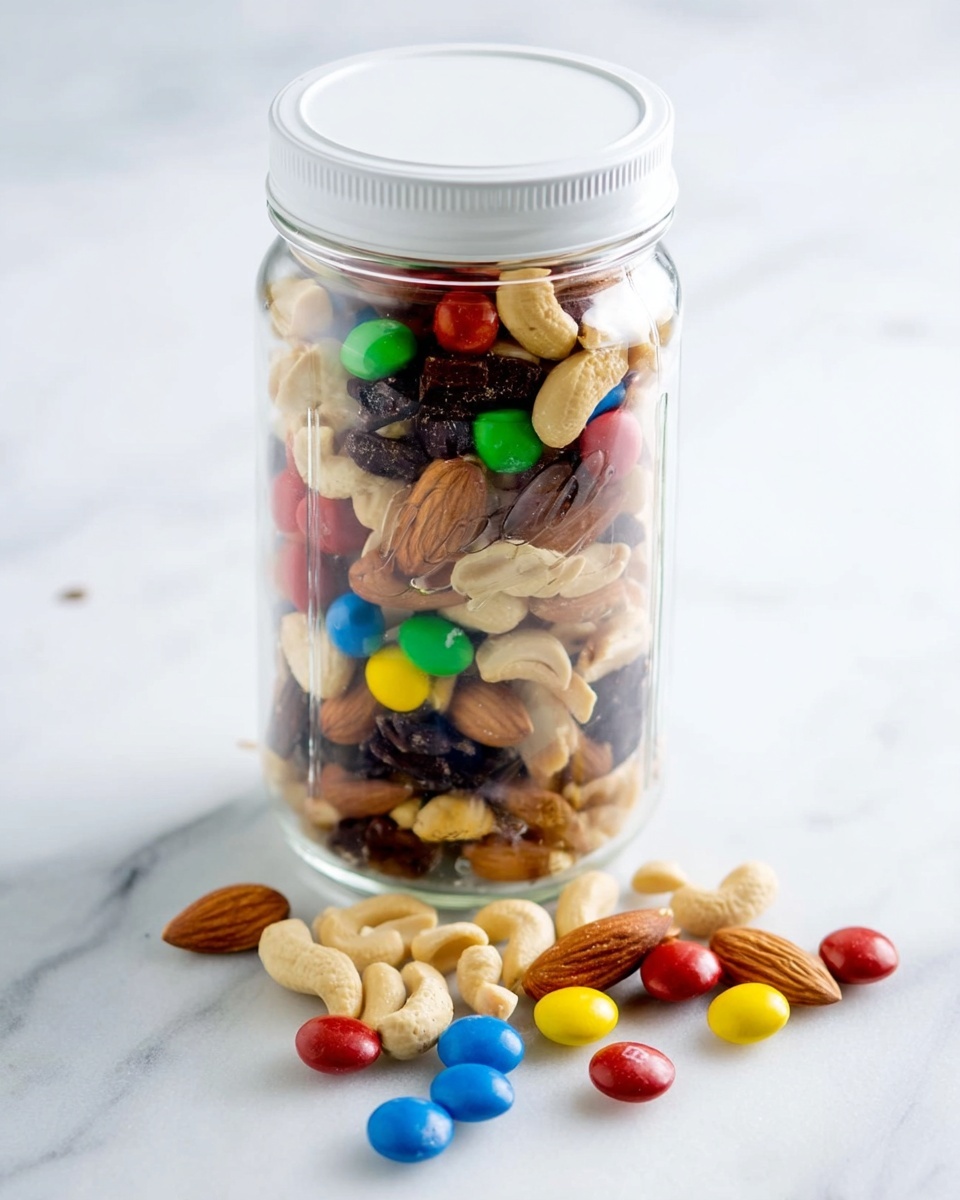 A clear glass jar with a white lid is filled with layers of mixed nuts and colorful candy-coated chocolates. The nuts include light beige peanuts, dark brown almonds, and darker raisins mixed throughout. Bright red, green, yellow, and blue candy pieces are scattered evenly among the nuts, adding vibrant pops of color. A few nuts and candies spill next to the jar on a white marbled surface. The jar is centered in the image with soft natural light highlighting the textures and colors photo taken with an iphone --ar 4:5 --v 7