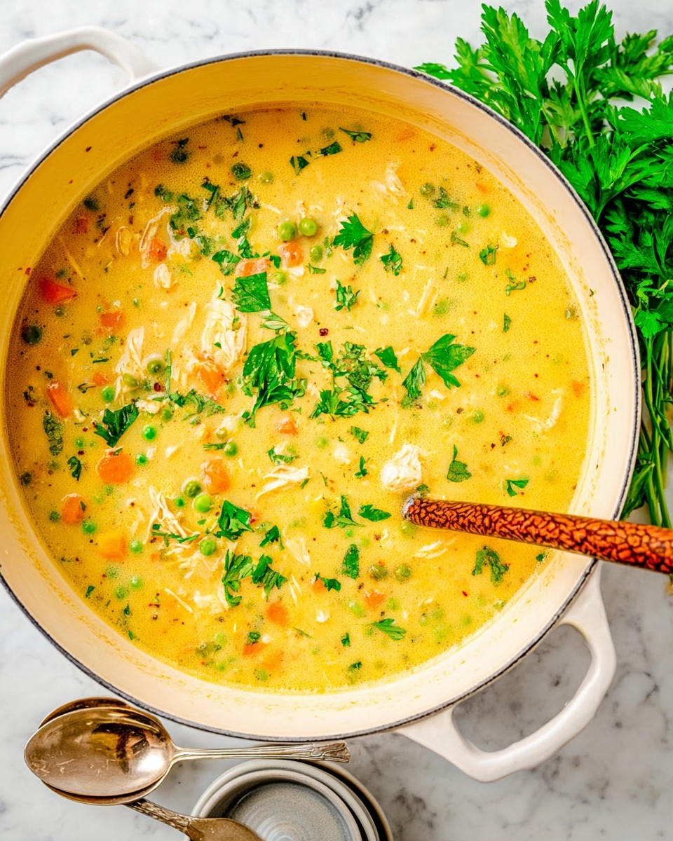 A large white pot sits on a white marbled surface filled with creamy yellow soup, showing visible chunks of orange carrots, small green peas, and light pieces of chicken. Bright green parsley leaves are sprinkled on top, adding fresh color. A wooden spoon with a textured handle rests inside the pot on the right side. Below the pot, two silver spoons are set on the white marbled surface next to a bunch of fresh parsley leaves and stacked white bowls with a gray interior. photo taken with an iphone --ar 4:5 --v 7