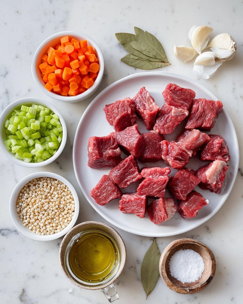 The image shows a white plate in the center with roughly twelve chunks of raw red meat, each piece having some white fat marbling. Around the plate, there are four small white bowls containing chopped green celery, diced orange carrots, chopped white onions, and pearled barley grains. A small rustic bowl holds a golden liquid, likely oil, near the bottom center, while a small white bowl with white salt and a glass measuring cup with water sit close by. Two green bay leaves lay next to the plate on a white marbled surface, and two white garlic cloves are visible above the plate. Photo taken with an iphone --ar 4:5 --v 7