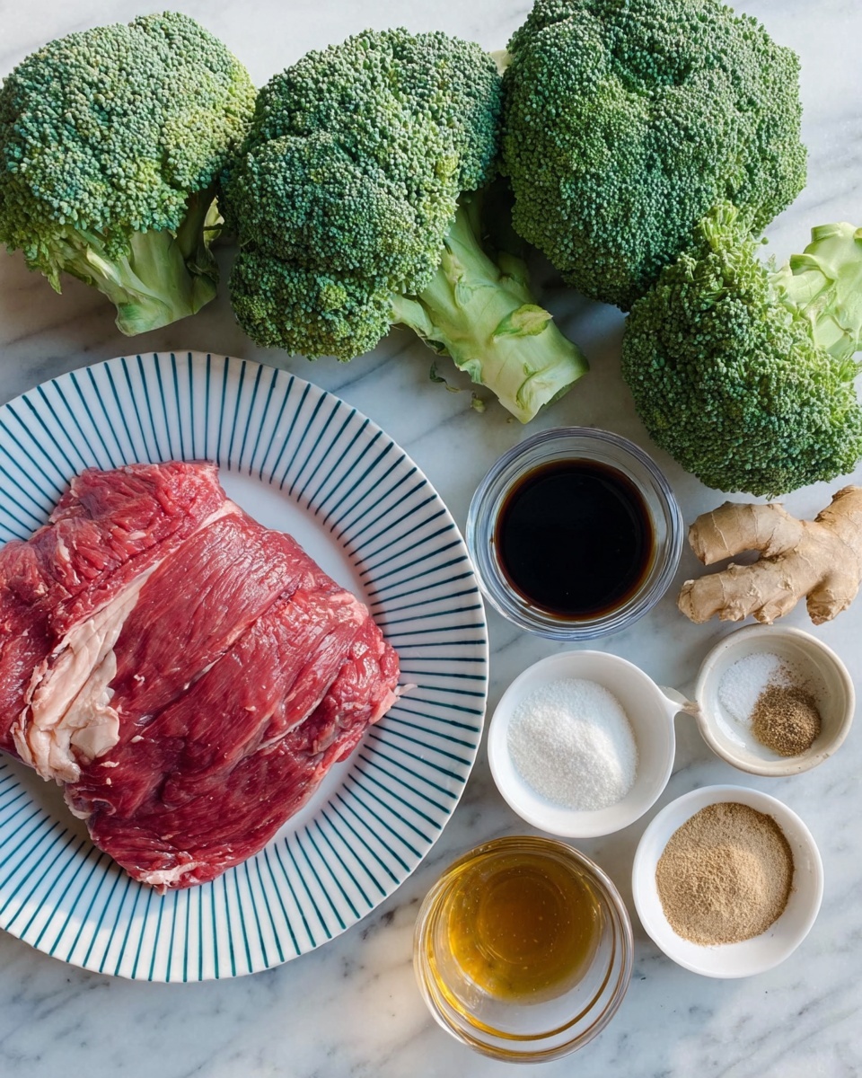 The image shows a white plate with blue stripes around the edge, placed on a white marbled surface. On the plate, there is one large piece of raw red meat with some light fat streaks. Behind the plate, there are three large green broccoli heads with a rough texture. Around the plate, several small bowls and ingredients are arranged: a clear glass cup with dark soy sauce, a small white bowl with white powder, a small white bowl with light brown mustard, a small white bowl with black pepper, a small clear bowl with light brown honey, and three garlic cloves, along with a piece of ginger root, all placed on the white marbled surface. Photo taken with an iphone --ar 4:5 --v 7
