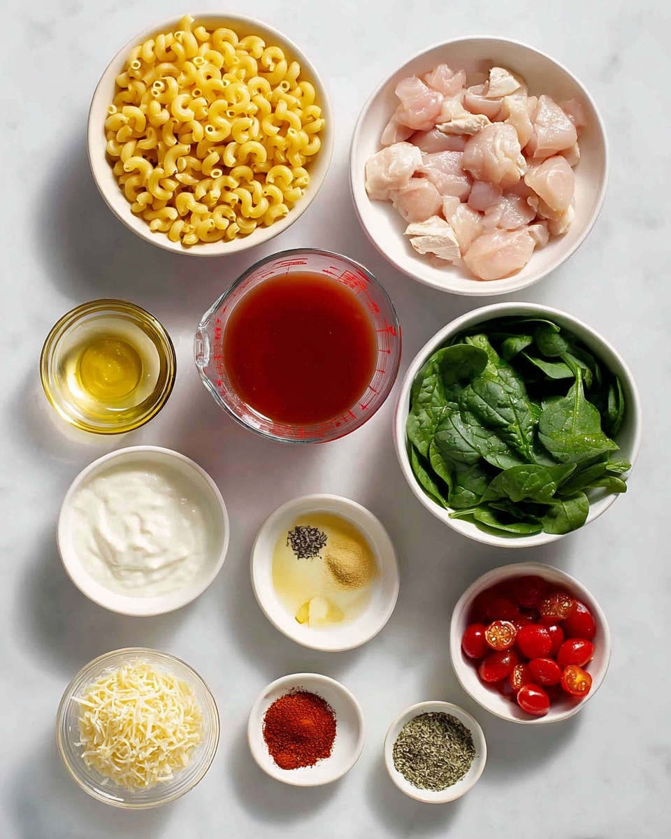The image shows an overhead view of neatly arranged white bowls and a glass measuring cup on a white marbled surface, each filled with different cooking ingredients. At the top left is a bowl filled with yellow elbow macaroni, next to it on the right is a bowl with raw light pink chicken pieces. Below the macaroni is a glass measuring cup with red broth, and near the center is a small bowl with golden oil and a tiny bowl with black pepper. To the right of the pepper is a bowl full of fresh green spinach leaves. Below the broth is a bowl with white cream and next to it, a small bowl of grated white cheese. Beside the cheese, on the right, is a bowl with roasted red cherry tomatoes. At the bottom left is a small bowl of chopped yellow garlic, moving right is a bowl of dried green herbs, and the last one at the far right contains bright red paprika powder. The scene is clear, bright, and organized. photo taken with an iphone --ar 4:5 --v 7
