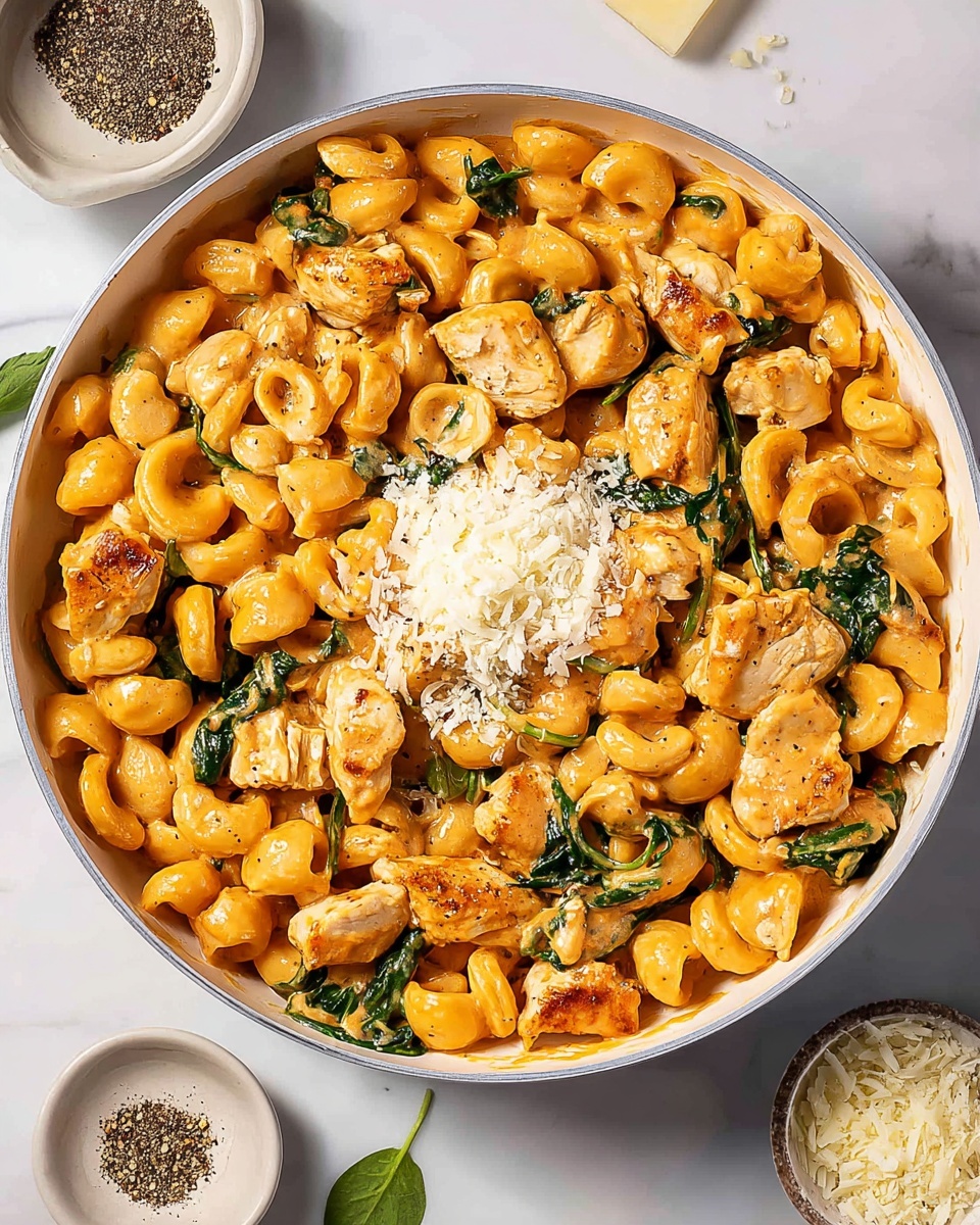 This close-up image shows a creamy pasta dish served in a white bowl on a white marbled surface. The dish has one main layer which is curly macaroni pasta coated in a rich, orange-yellow sauce. Mixed in with the pasta are pieces of cooked chicken and dark green spinach leaves, all evenly covered with the creamy sauce. Black pepper is sprinkled on top along with a generous amount of grated cheese on one side, adding a light and grainy texture. A silver spoon rests partially in the bowl, ready to serve. Photo taken with an iphone --ar 4:5 --v 7