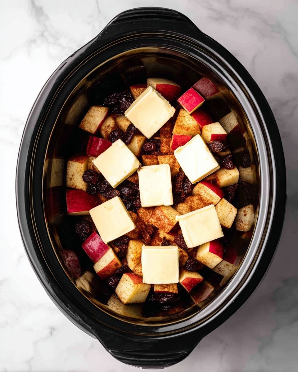 Inside a black slow cooker, there are three layers visible: the bottom layer is made of small, uneven red apple pieces with their skin on, the middle layer shows a mix of brown cinnamon-dusted apple chunks and dark raisins, and the top layer has several square pats of creamy, pale yellow butter placed evenly over the fruit. The slow cooker sits on a white marbled surface. Photo taken with an iphone --ar 4:5 --v 7