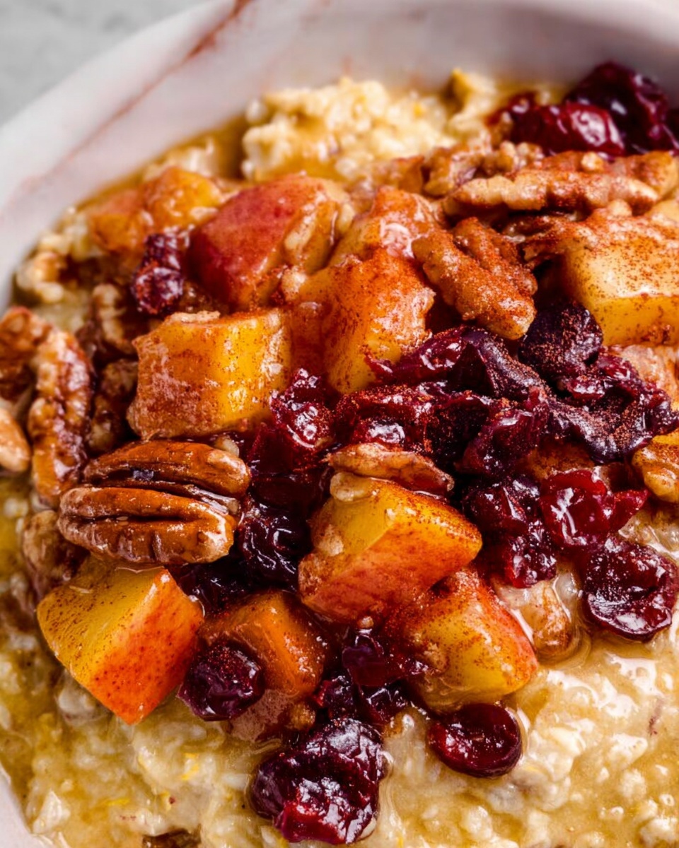 The dish shows a close-up of a creamy oatmeal base with a soft, slightly grainy texture and pale yellow color. On top, there is a generous layer of mixed fruit and nuts, including glossy chunks of cooked apple in a warm orange sauce, deep red dried cranberries, and whole pecans with a rich brown shell. The fruit and nut layer is spread unevenly, covering most of the oatmeal. The colors are warm and inviting with the fruit shiny and moist, resting on the textured porridge. The background and plate are a white marbled texture. Photo taken with an iphone --ar 4:5 --v 7